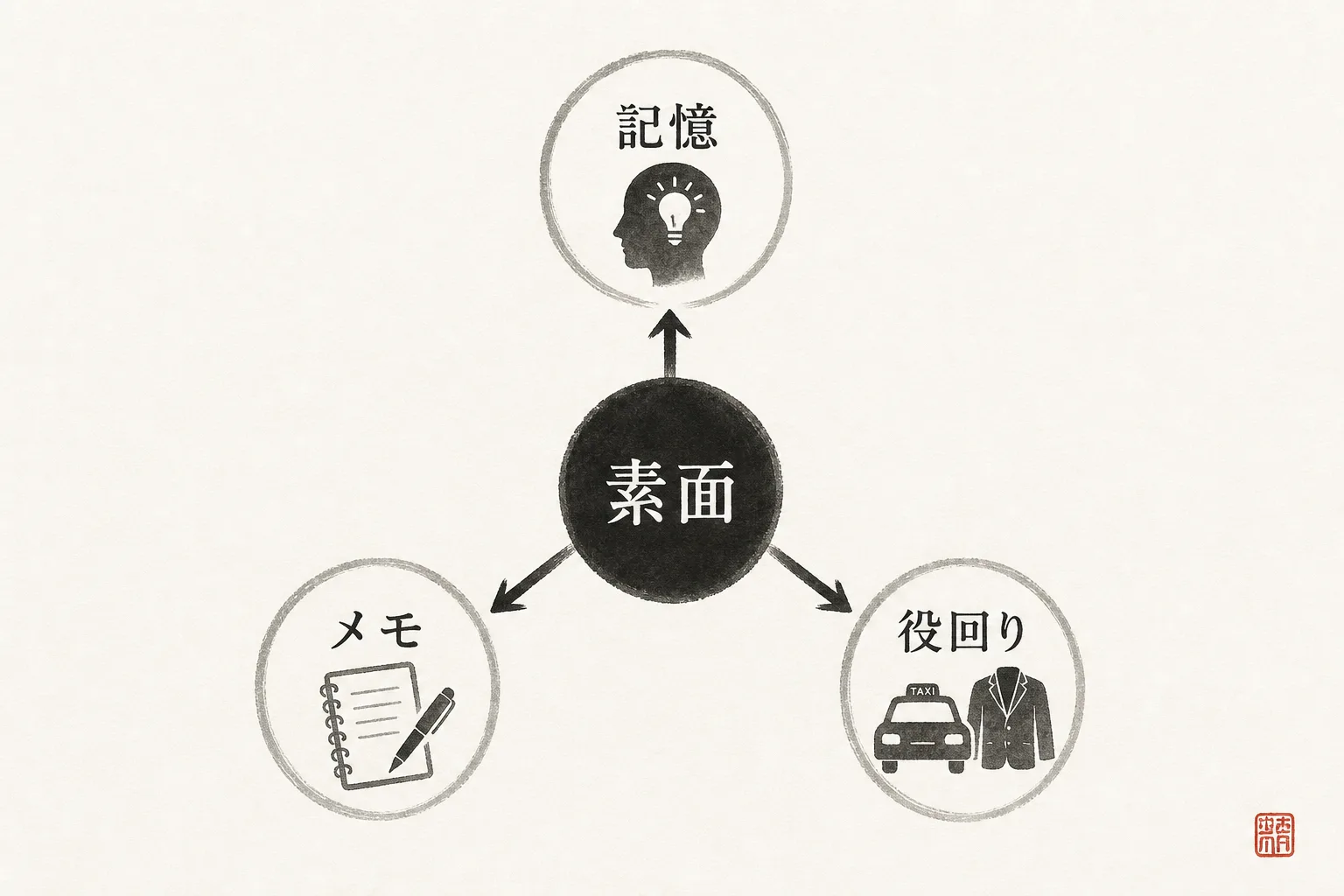 素面の利点である記憶・メモ・役回りの3つを示す放射状の図