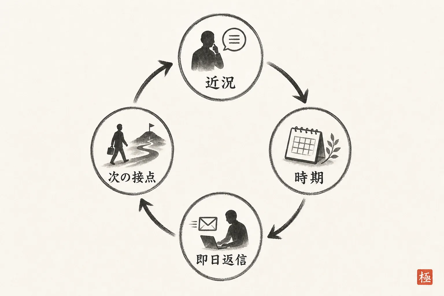近況→時期→即日返信→次の接点がつながる循環図