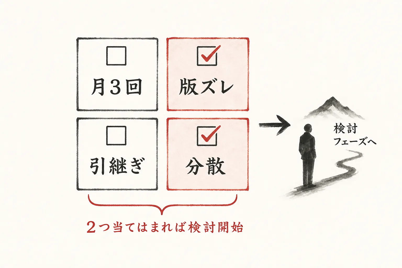 同じ質問・版ズレ・引継ぎ不能・窓口分散の4サインを並べたチェック図