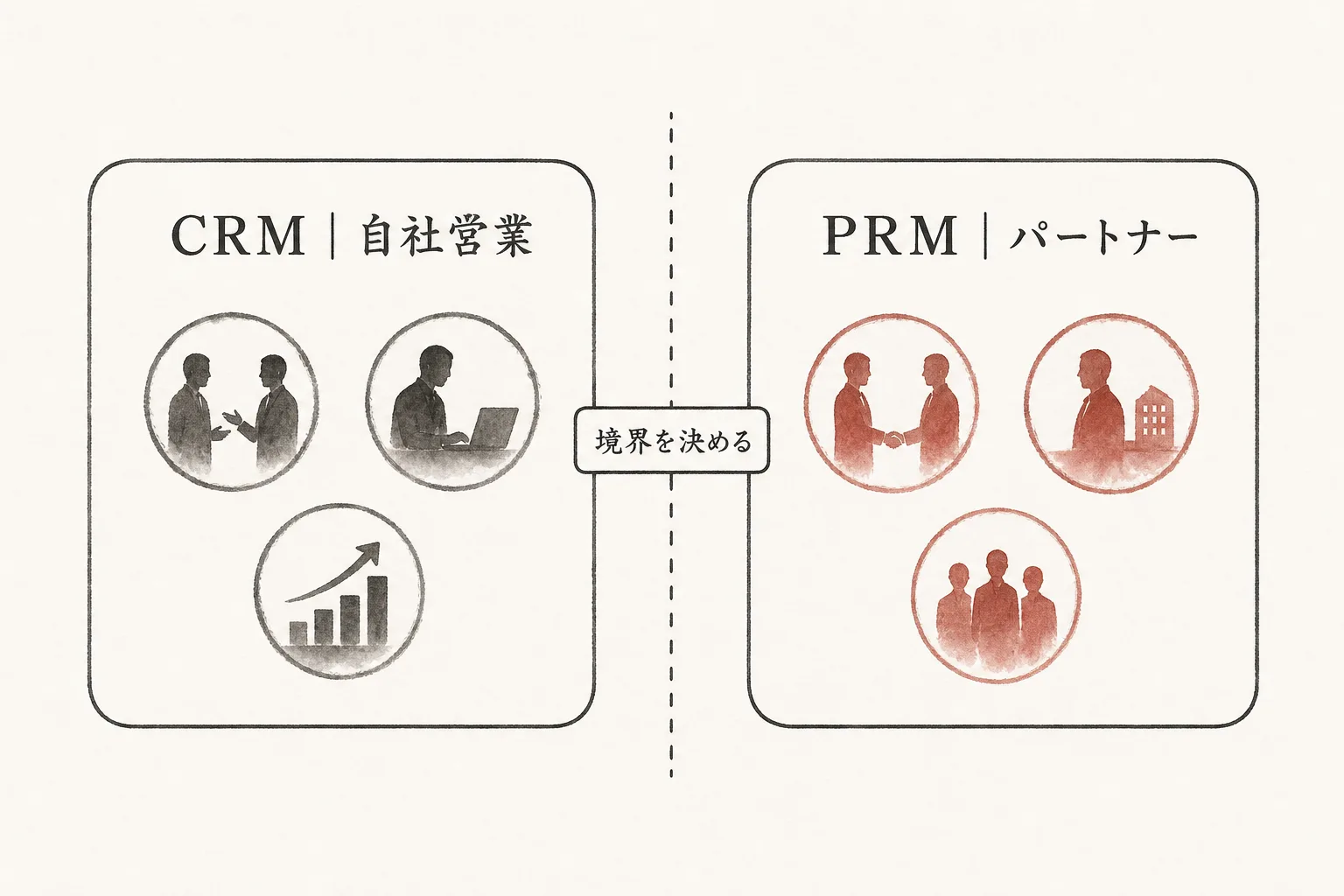 CRMとPRMの担当範囲の切り分けを示す構造図
