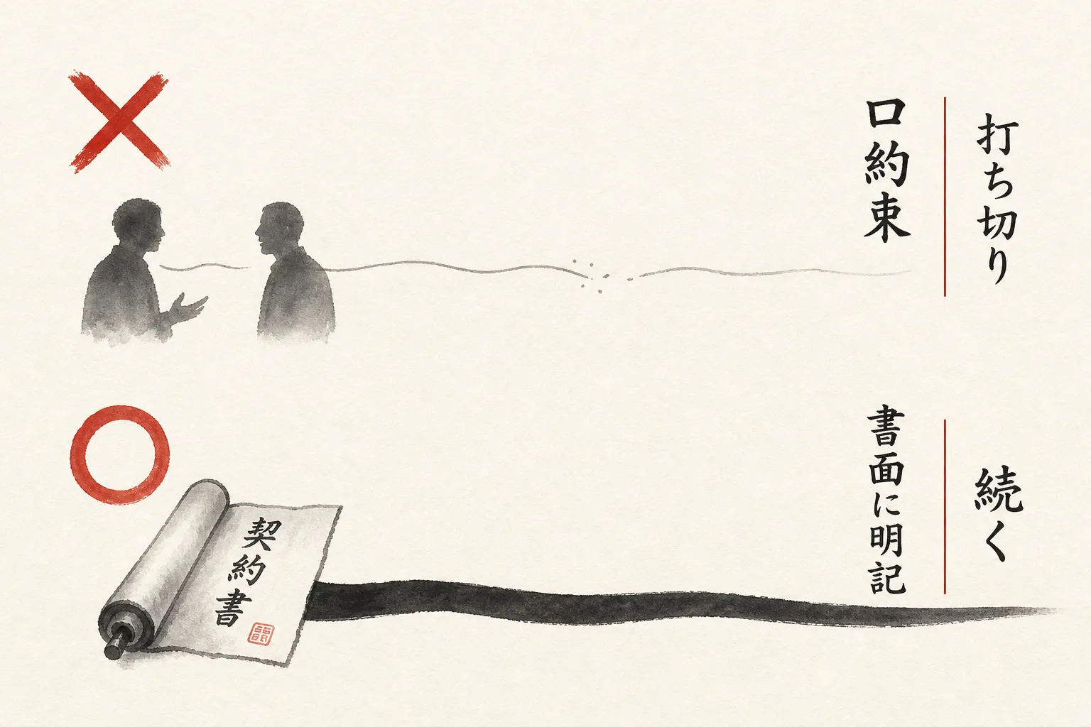 継続報酬を守る契約書と、切られるリスクの◯×図