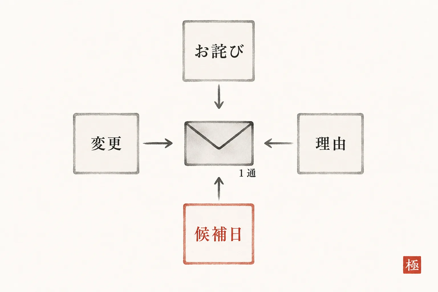 リスケメールに入れる4要素(お詫び・変更・理由・候補日)の構造図