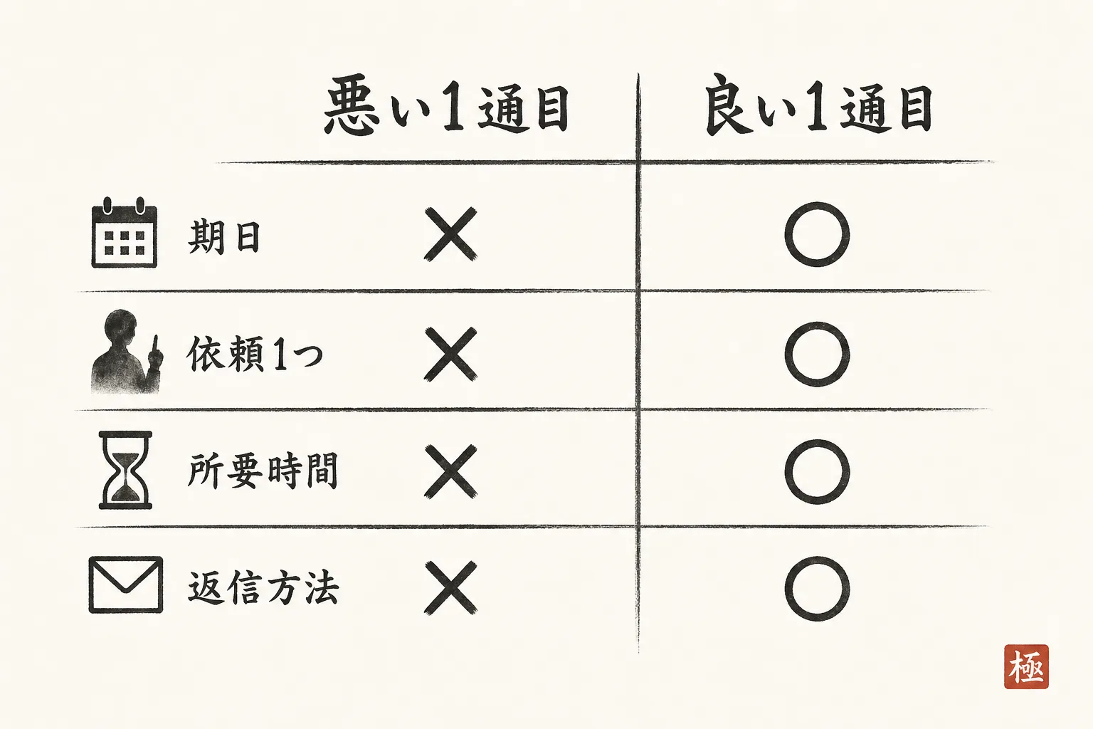 良い1通目と悪い1通目を4項目で比較する対比表
