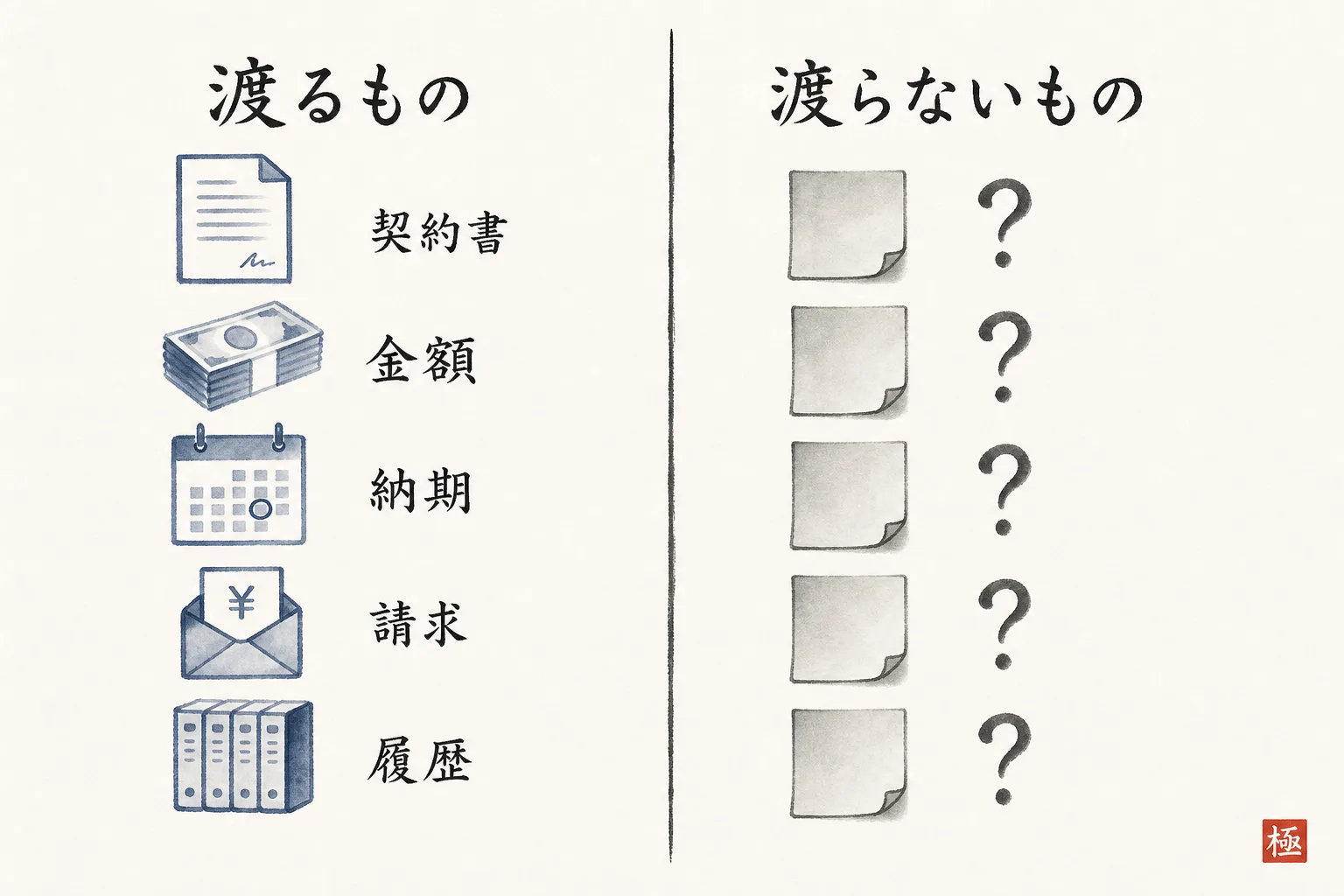 引き継がれるものと引き継がれないものを左右で対比する図