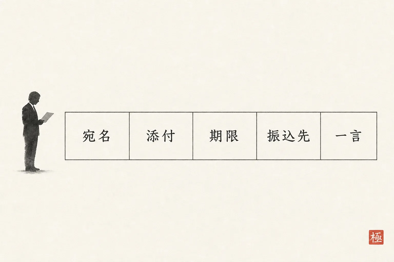 請求送付メールの骨格を宛名・添付・期限・振込先・一言の5要素で示す図