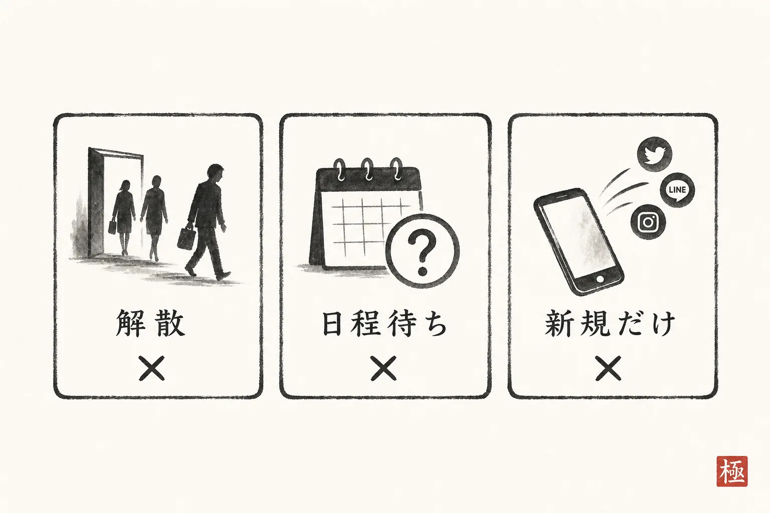 告知だけに頼る講師が陥りがちな3つのNG行動を並べた図