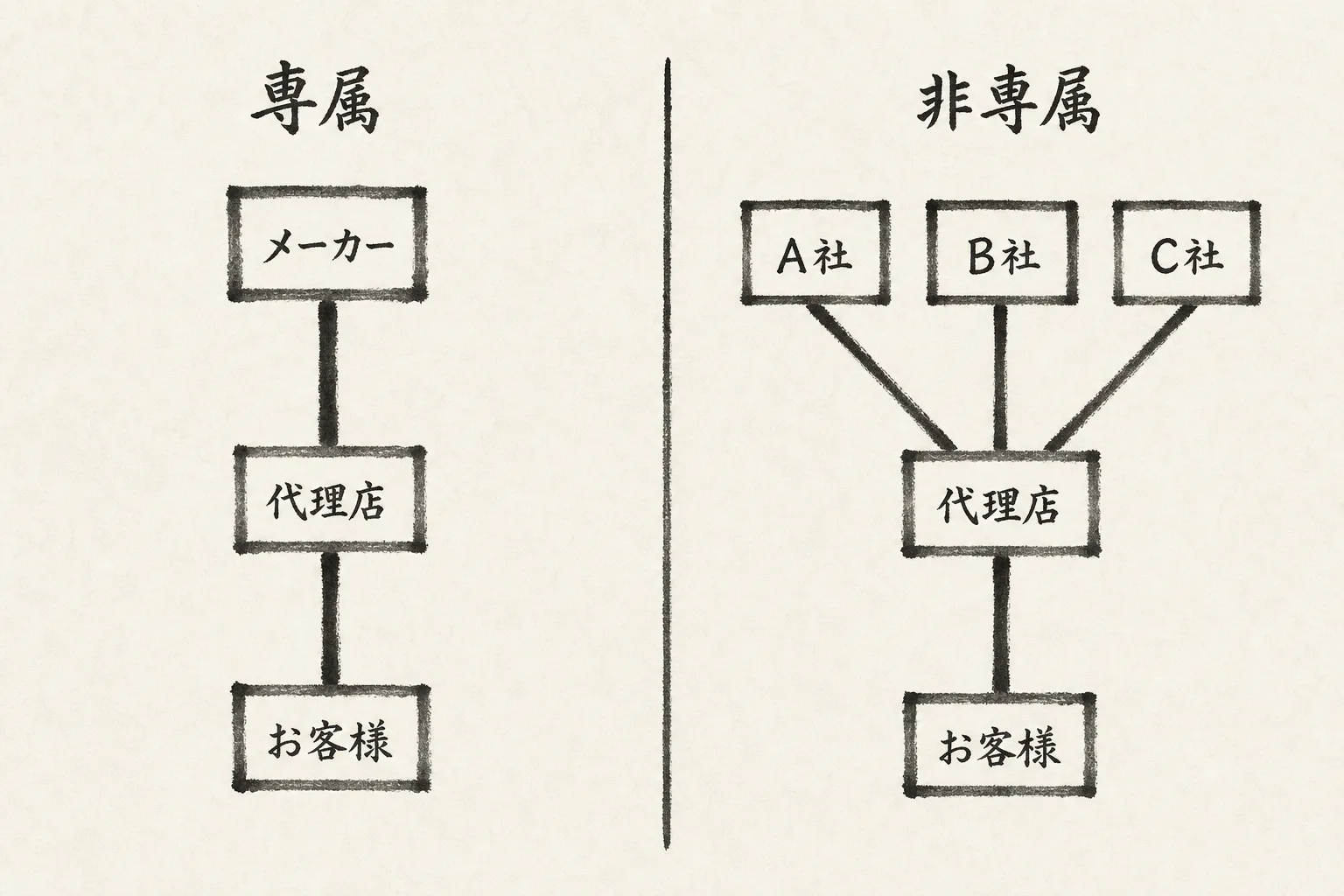 専属と非専属の取扱社数の違いを示す関係図