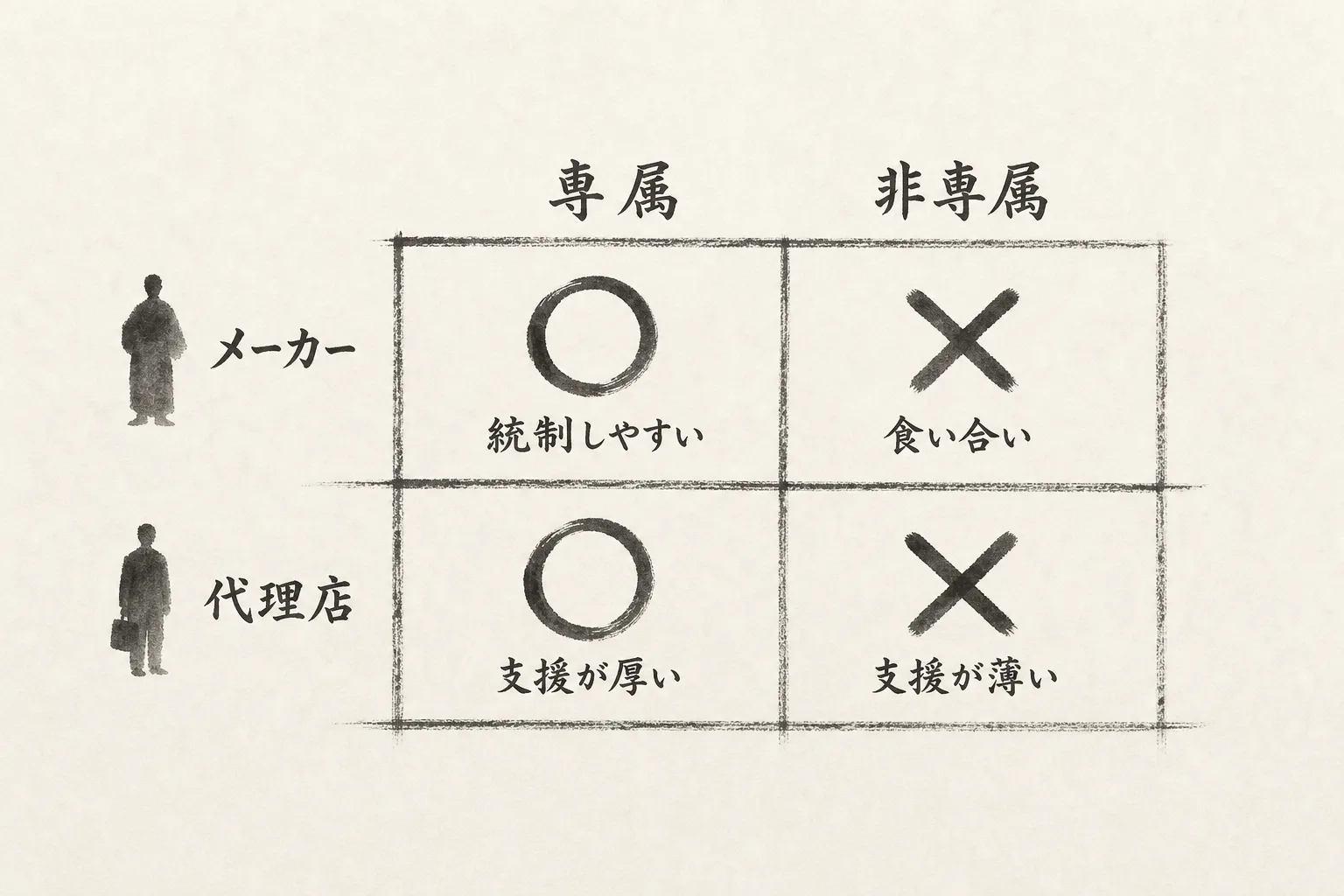 専属と非専属の得と損を示す◯×比較図