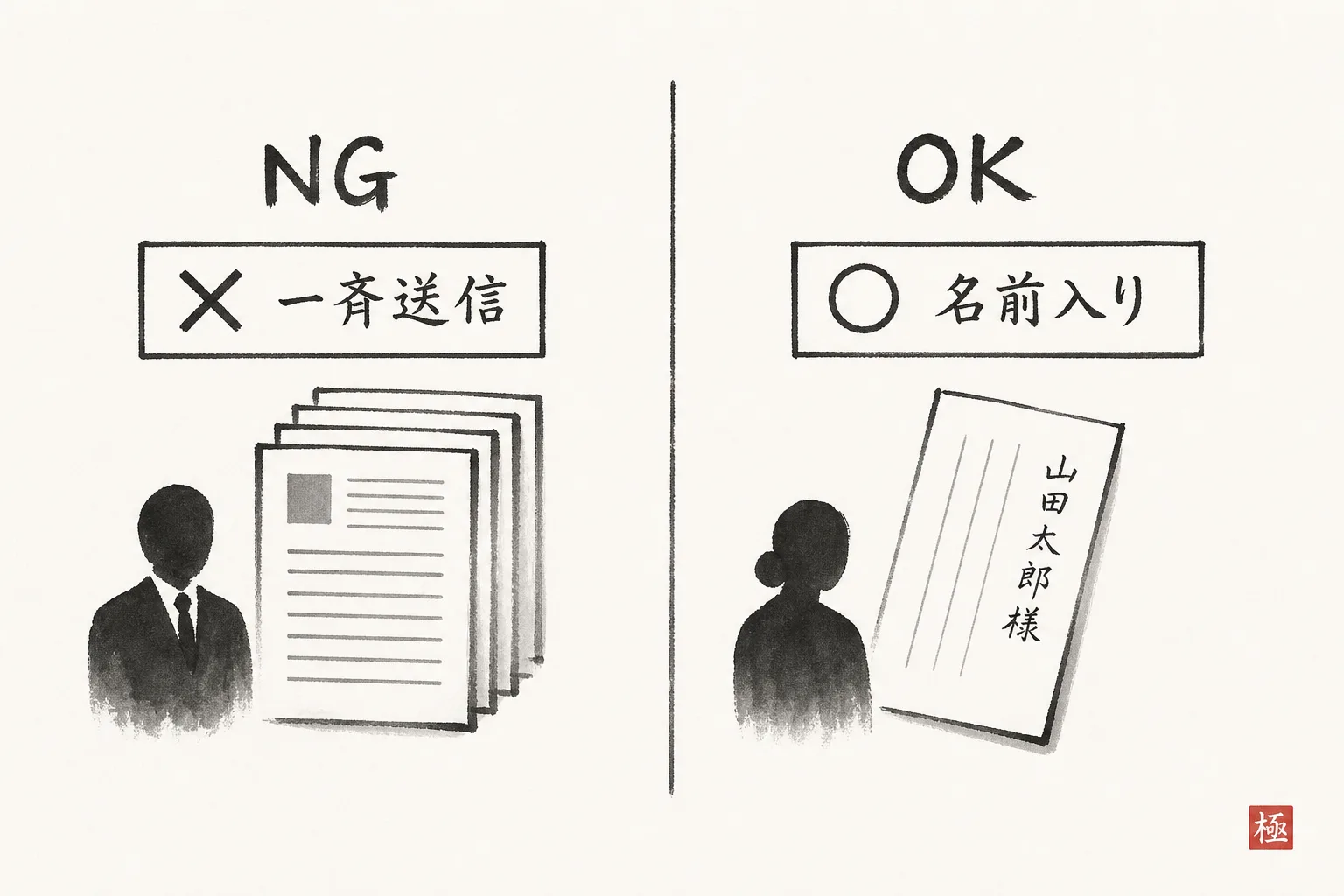 一斉送信のNG案内文と名前入りのOK案内文を左右に並べた比較図