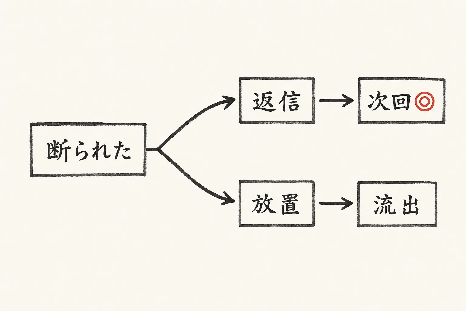 断られたあと、返信の有無で次の展開が分かれることを示す分岐図