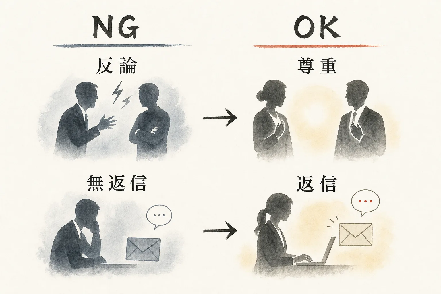 NG返信とOK返信の言い回しを左右に並べた比較図