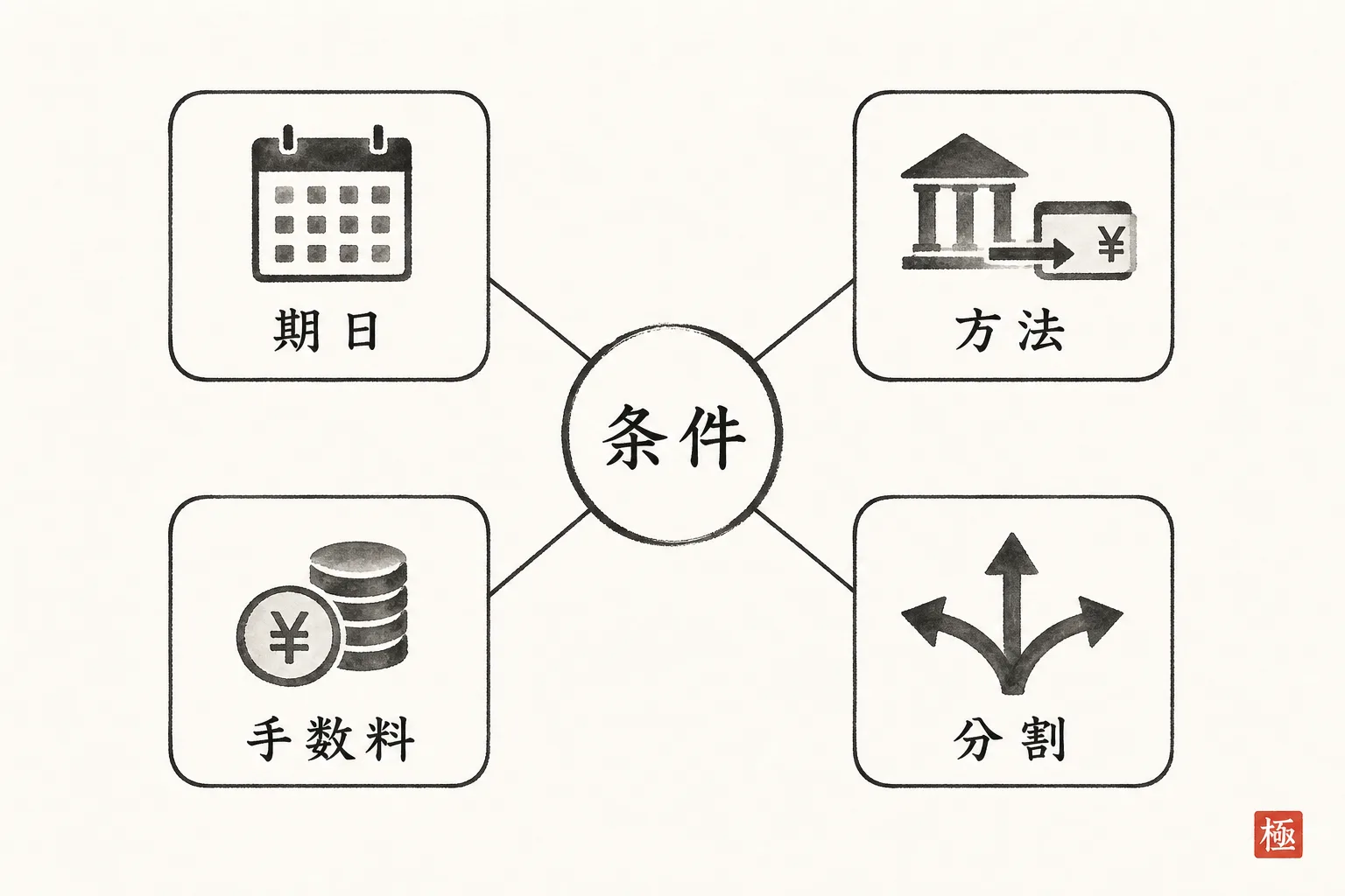 支払条件の4項目(期日・方法・手数料・分割)を示す放射状の構造図