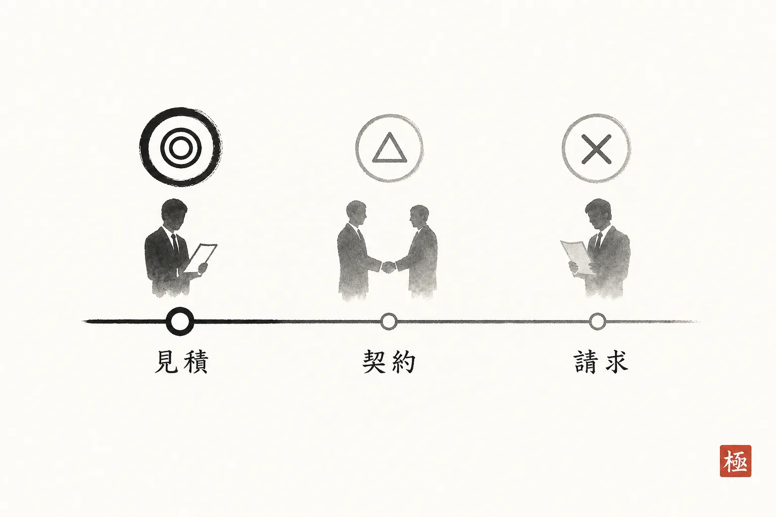 見積・契約・請求の3タイミングと結果の良し悪しを比べる図
