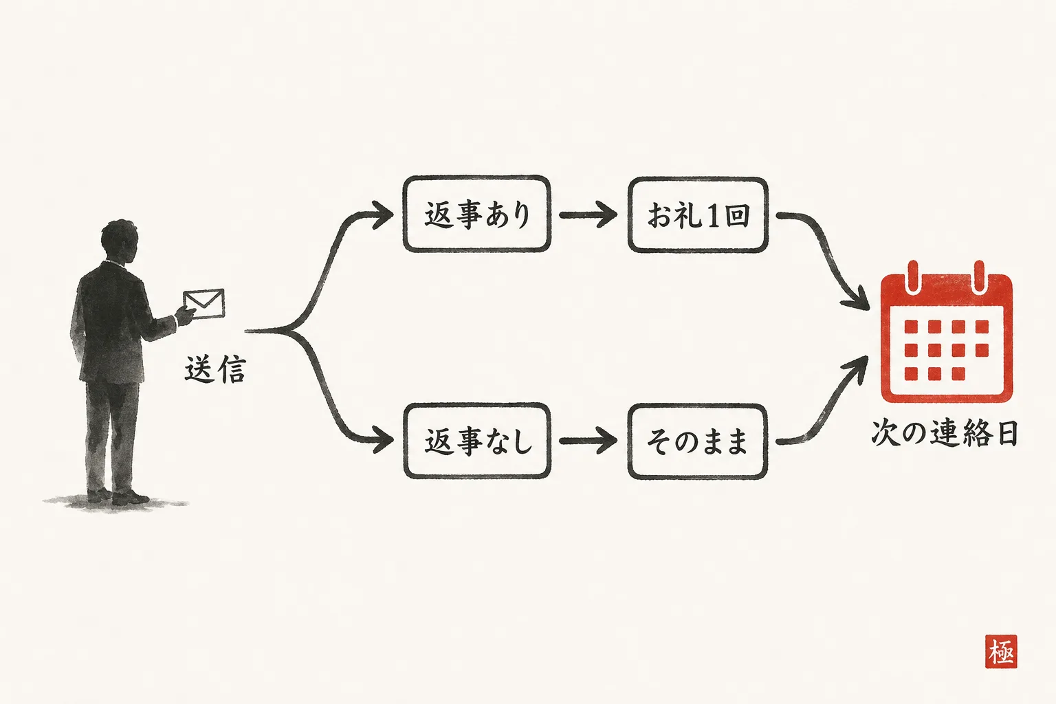 返事の有無で分かれ、次の連絡日に合流する流れ図