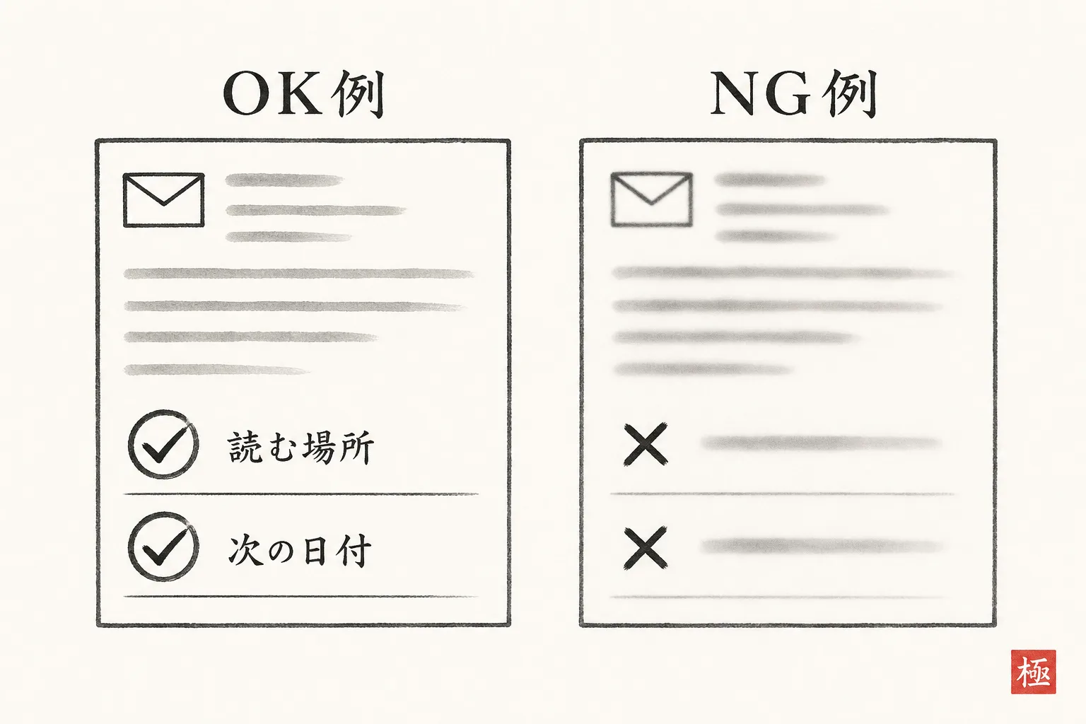 OK例とNG例を並べて本文の要素の有無を比較する図