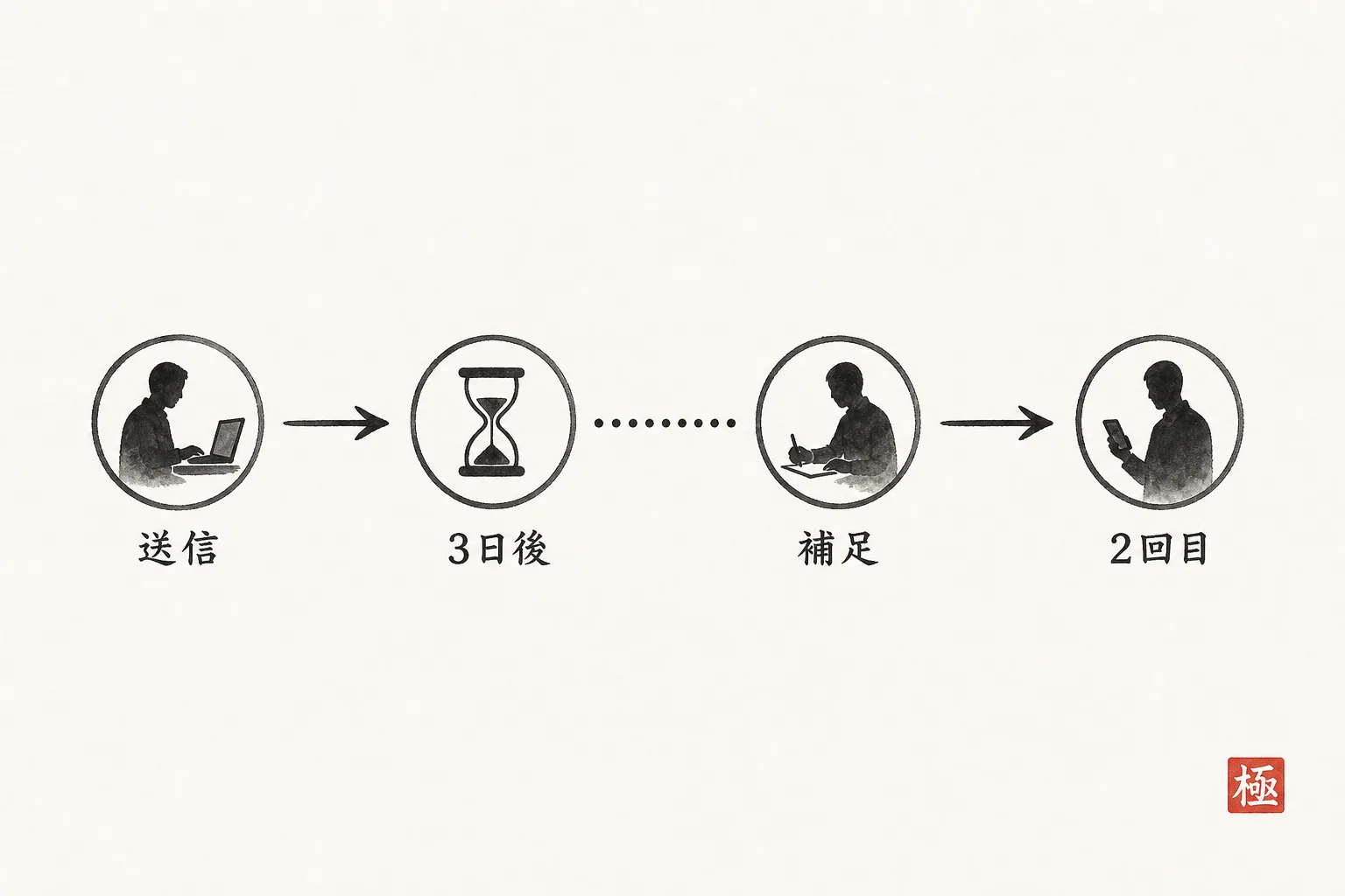 送信後のフォロー連絡の流れを時系列で示すタイムライン図