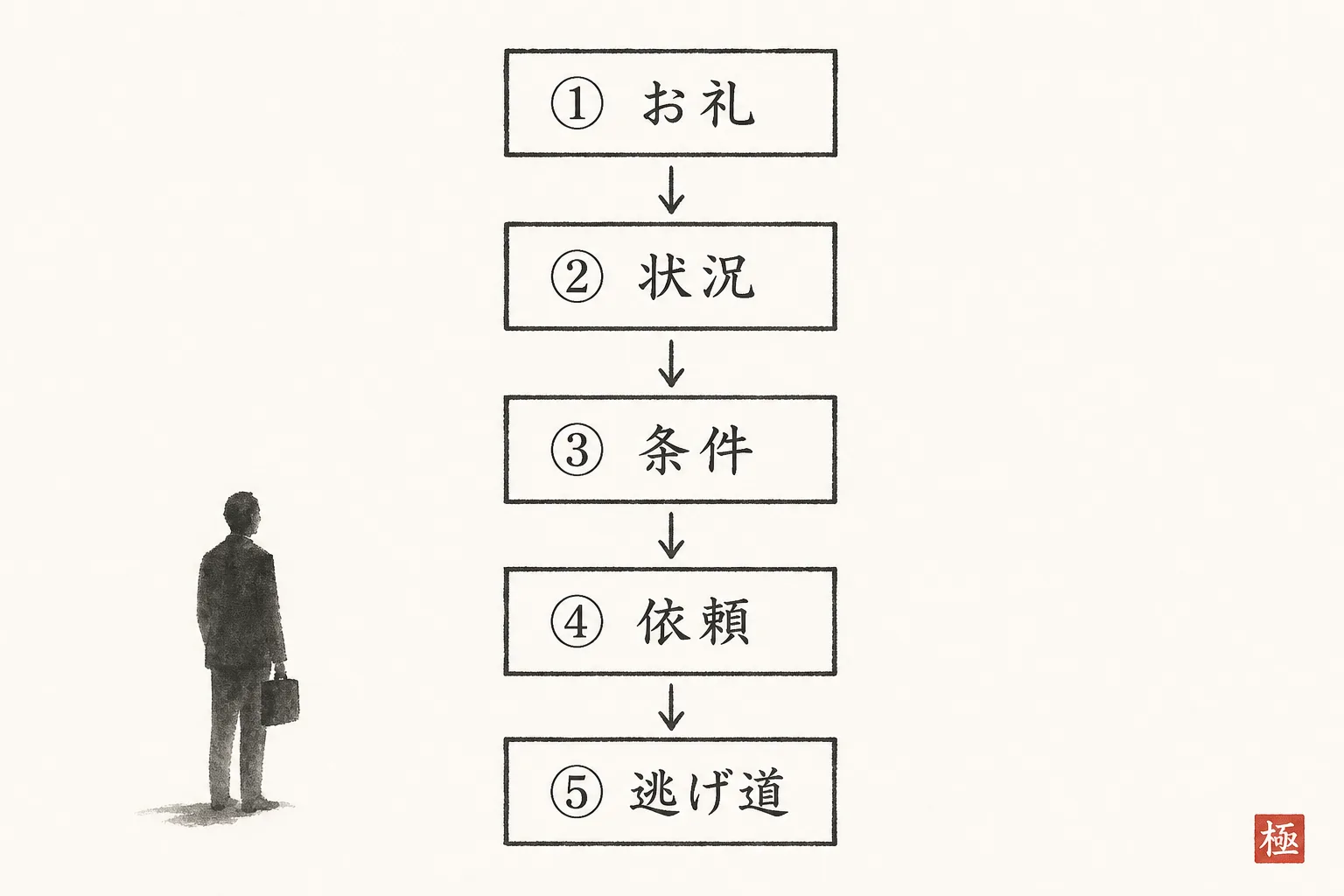 紹介お願いメールを構成する5つのブロックを順に示すフロー図