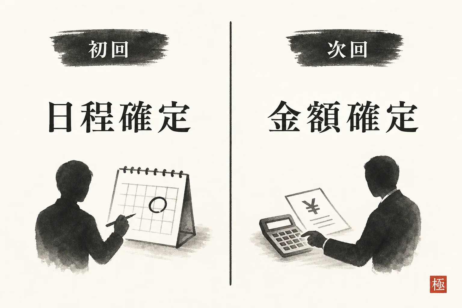 初回で決めることと次回に回すことを2列で対比する図