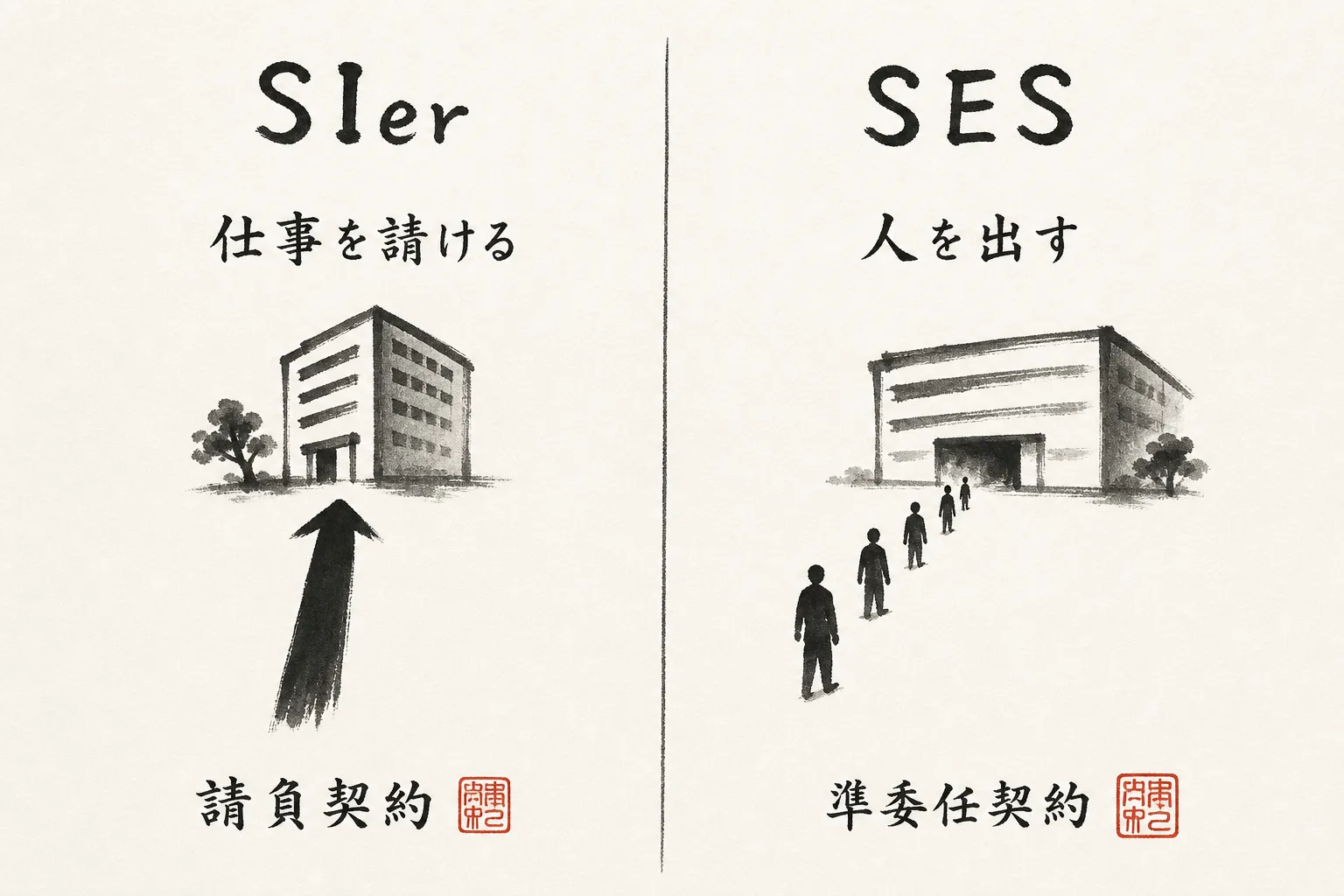 SIerとSESの契約と働き方の違い比較図