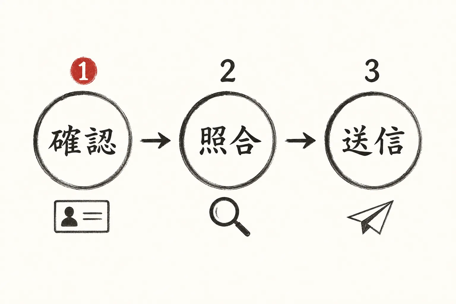 名刺確認から申請までの3ステップを示す流れ図