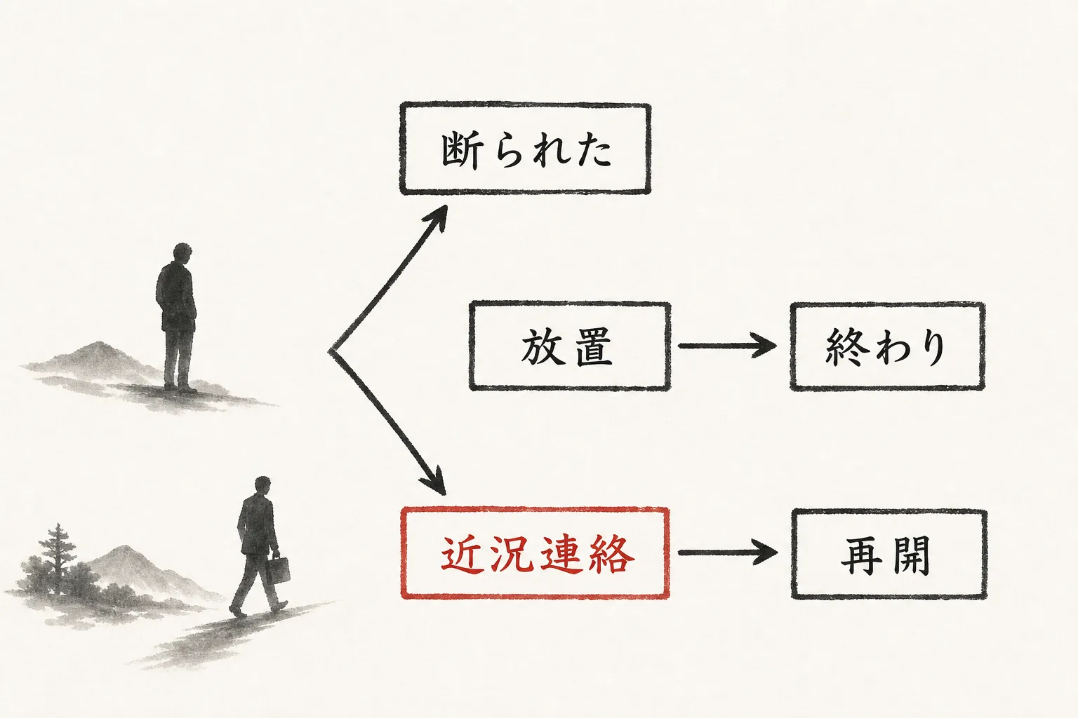 断られた後、放置する場合と近況連絡する場合の結末の違いを示す分岐図