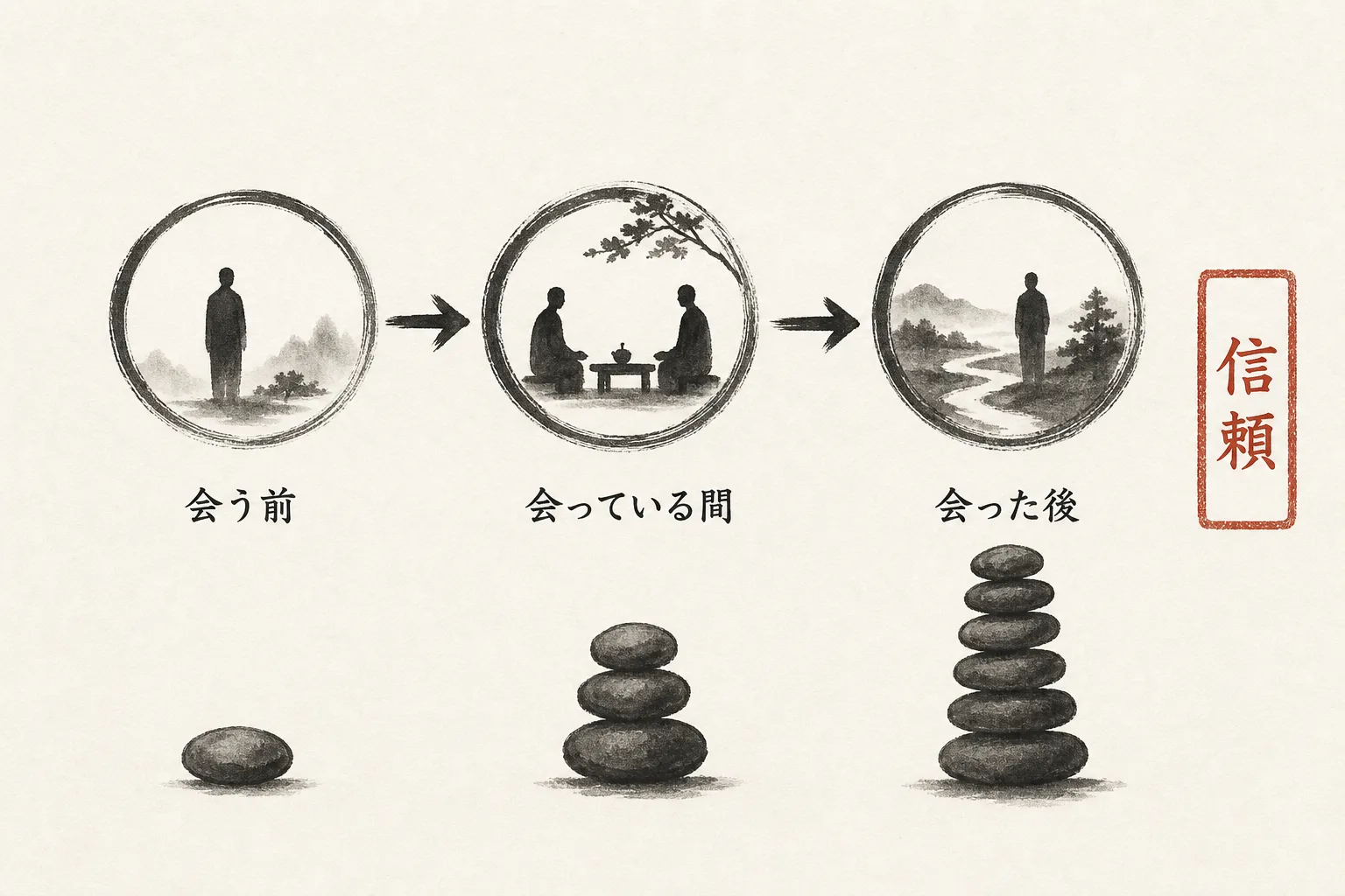 3場面に分かれた7つの行動の流れ図