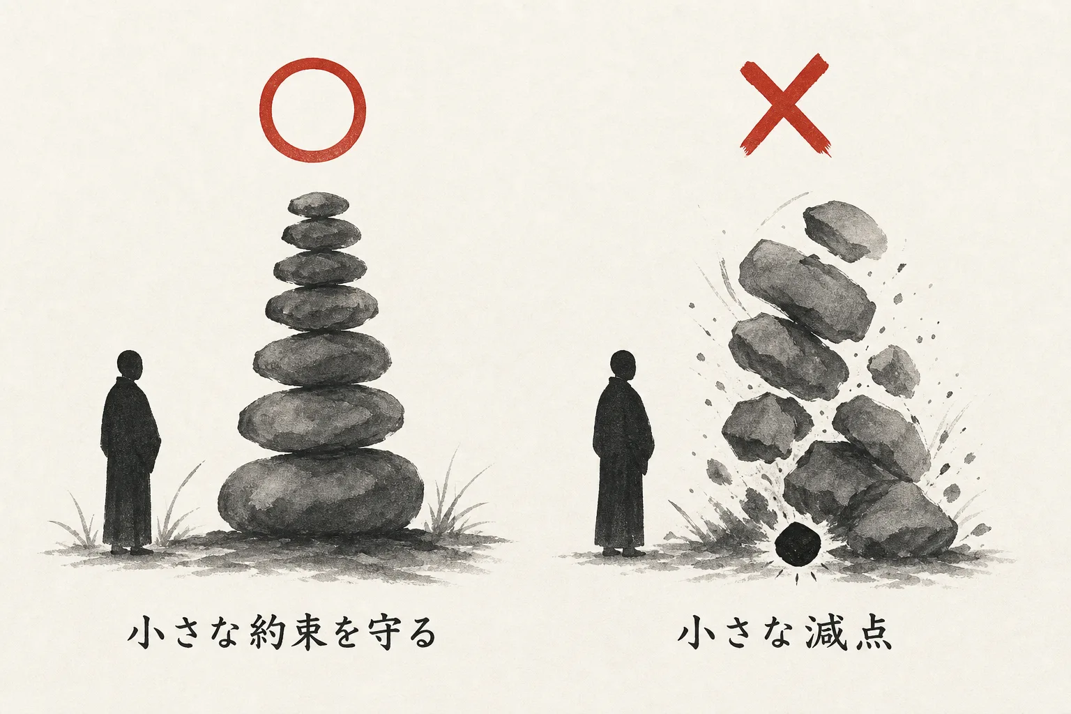 石積みが一つの減点で崩れる◯×比較図