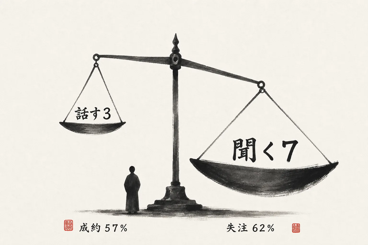 話す3割・聞く7割の比率を示す天秤の概念図
