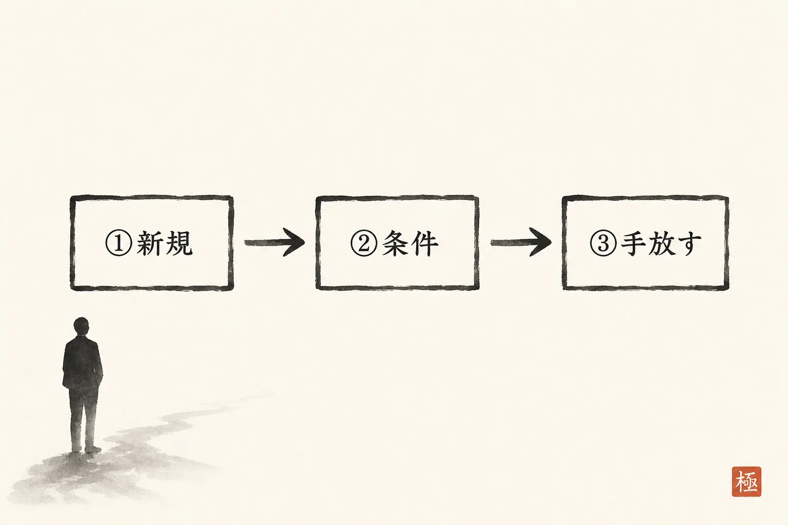 安い仕事の入れ替えを3ステップの順送り矢印で示す図