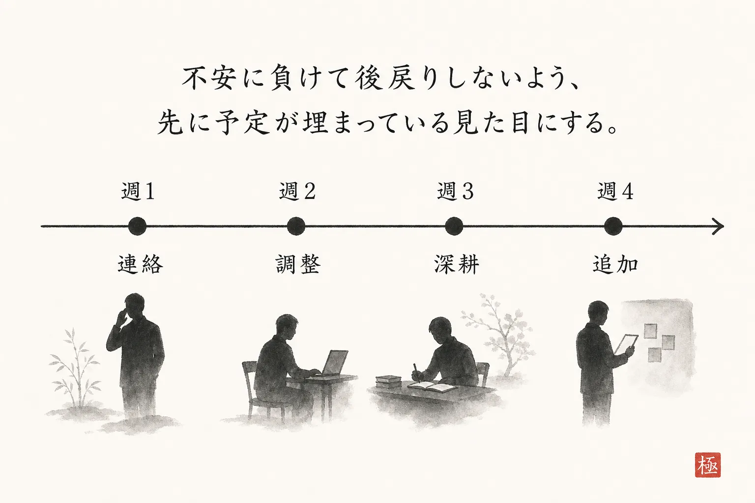 手放した後の4週間の動きを週単位のタイムラインで示す図
