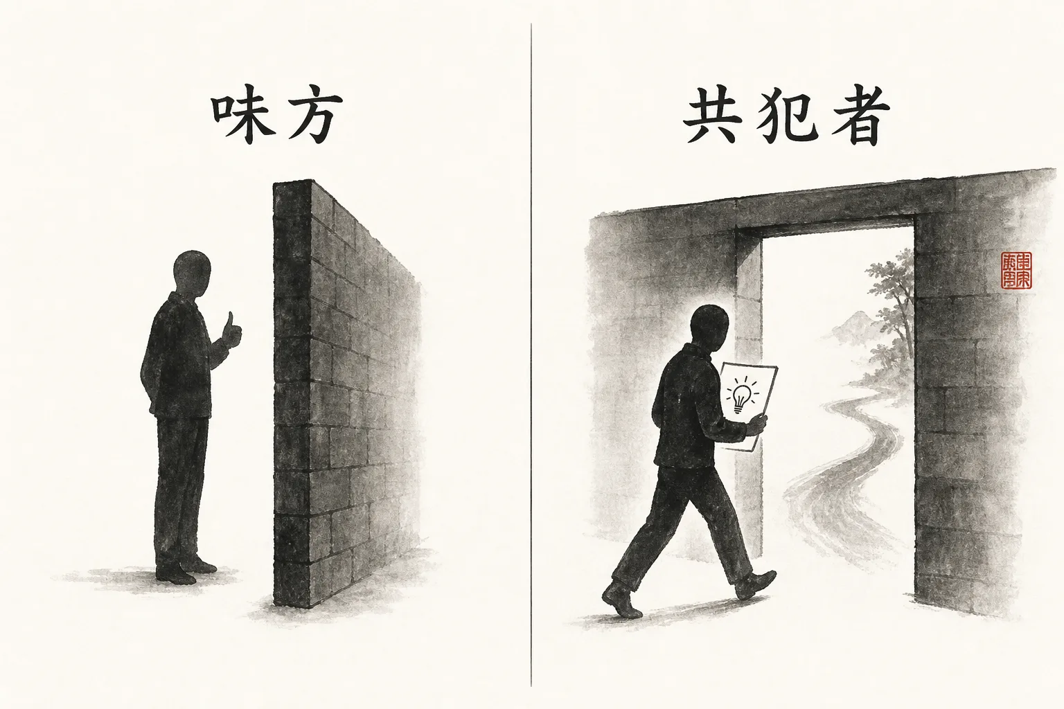 「味方」と「共犯者」の違いを関係性と行動の対比で示す図