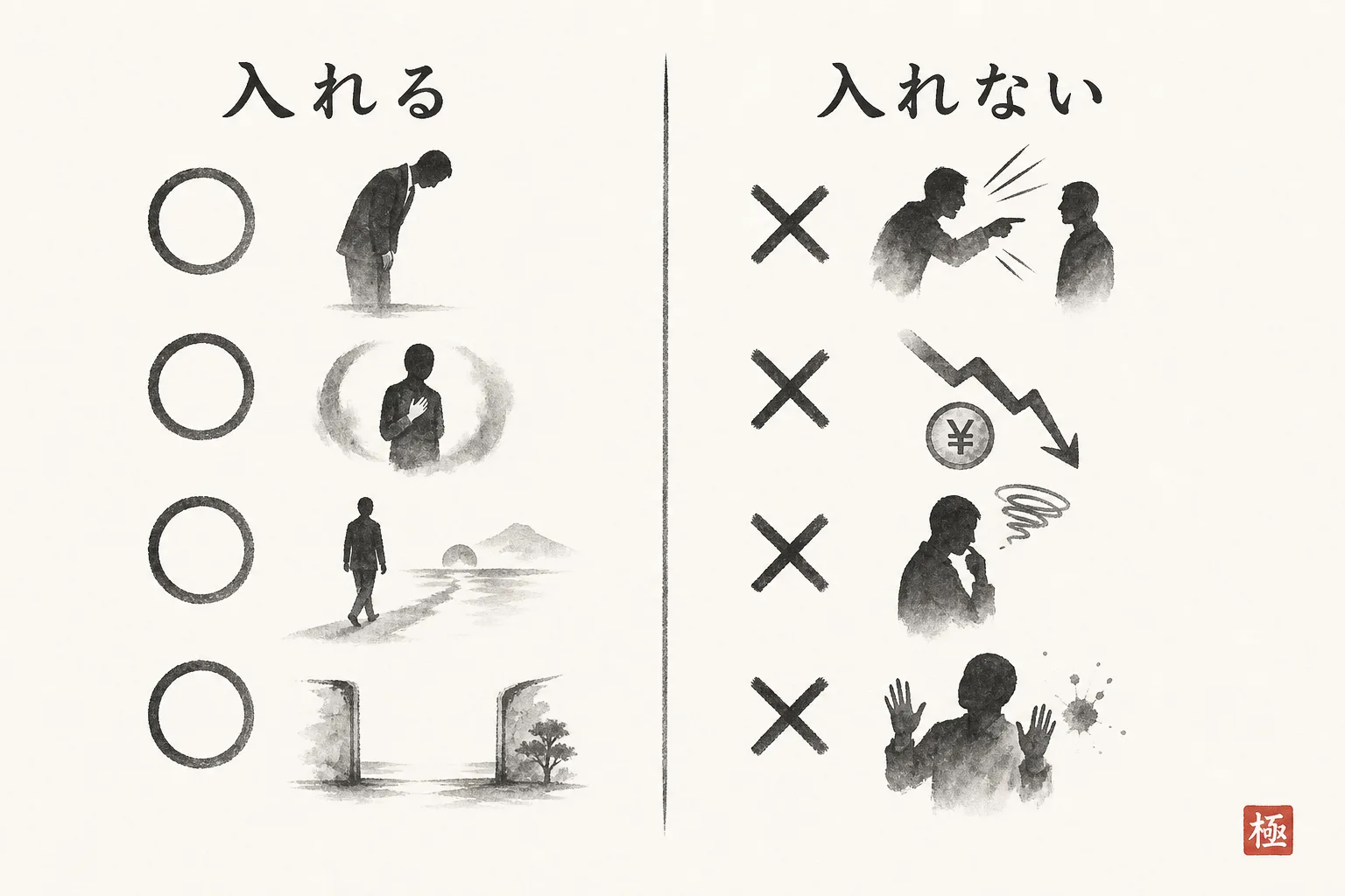 入れるべき4要素と入れてはいけない4要素を対比した図