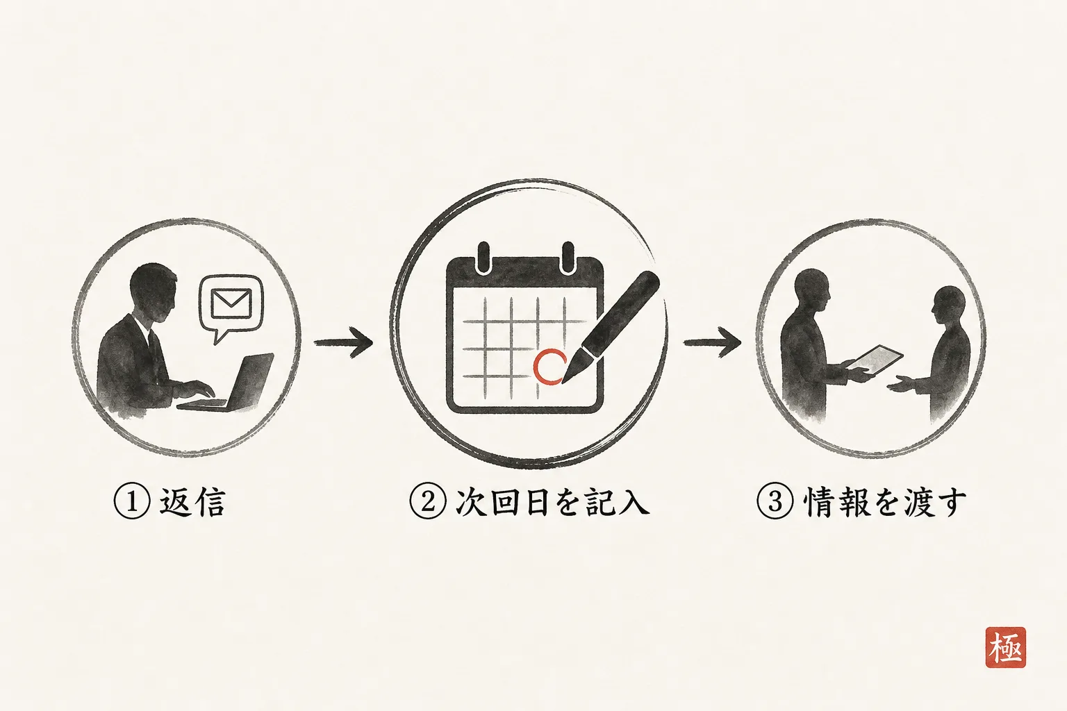 返信後から次の連絡までの3ステップの流れを示す図