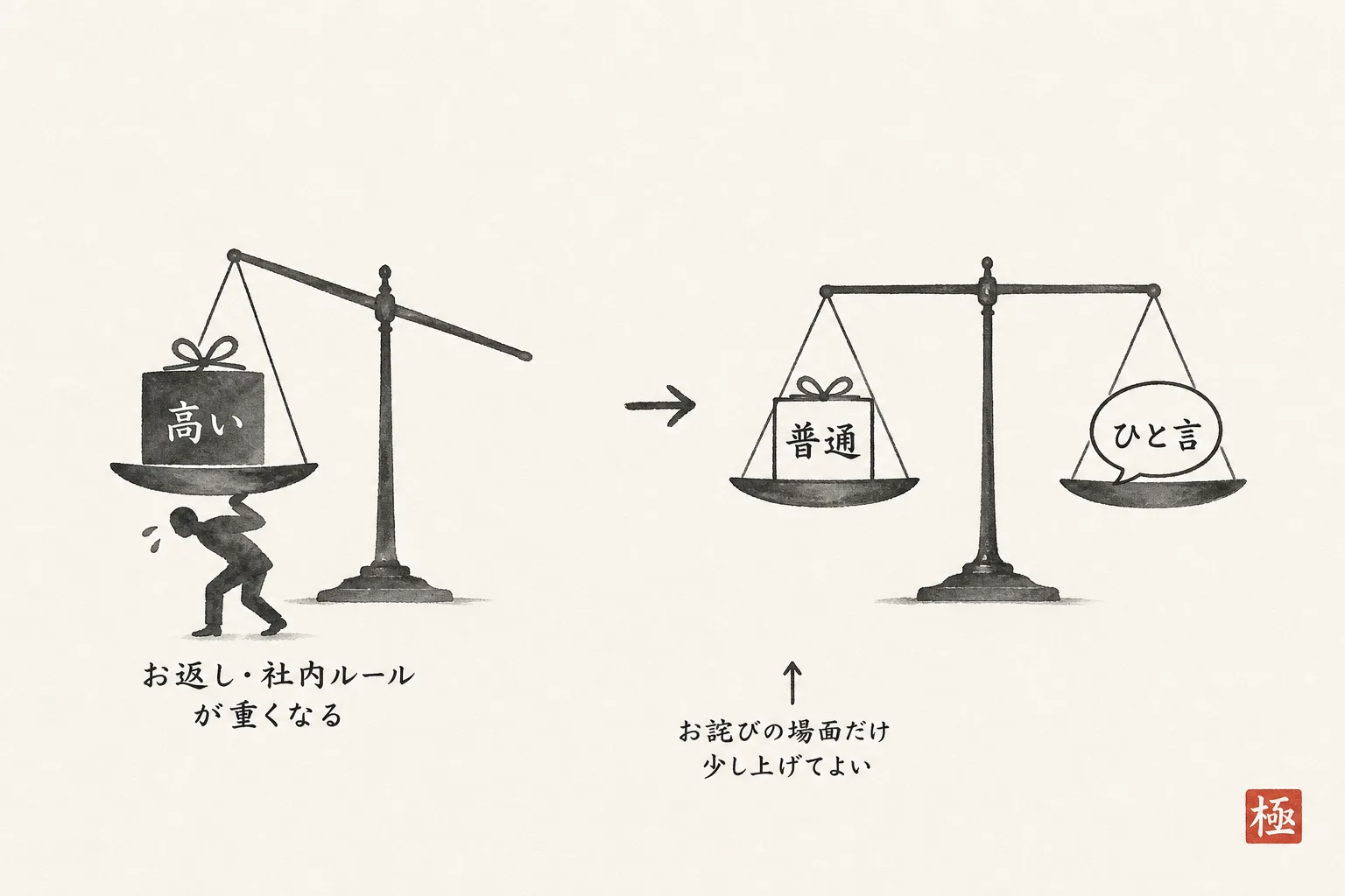 高い品と普通の品を受け取る側の負担で比べた図