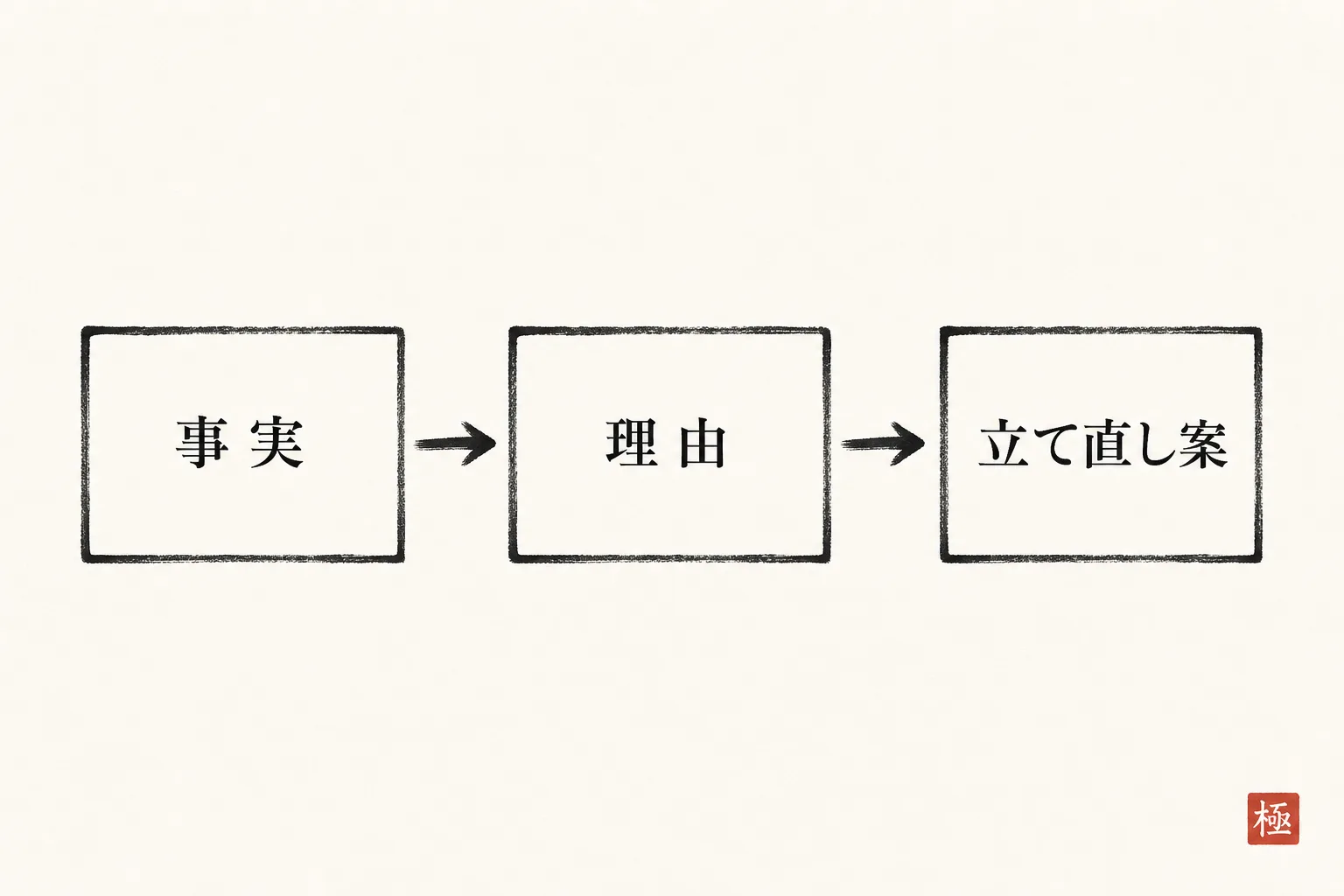 遅れの報告を組み立てる3ステップ(事実→理由→立て直し案)を示すフロー図