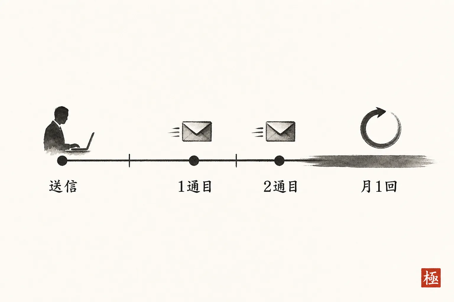 初回返信からフォローまでの間隔を示す横型タイムライン図