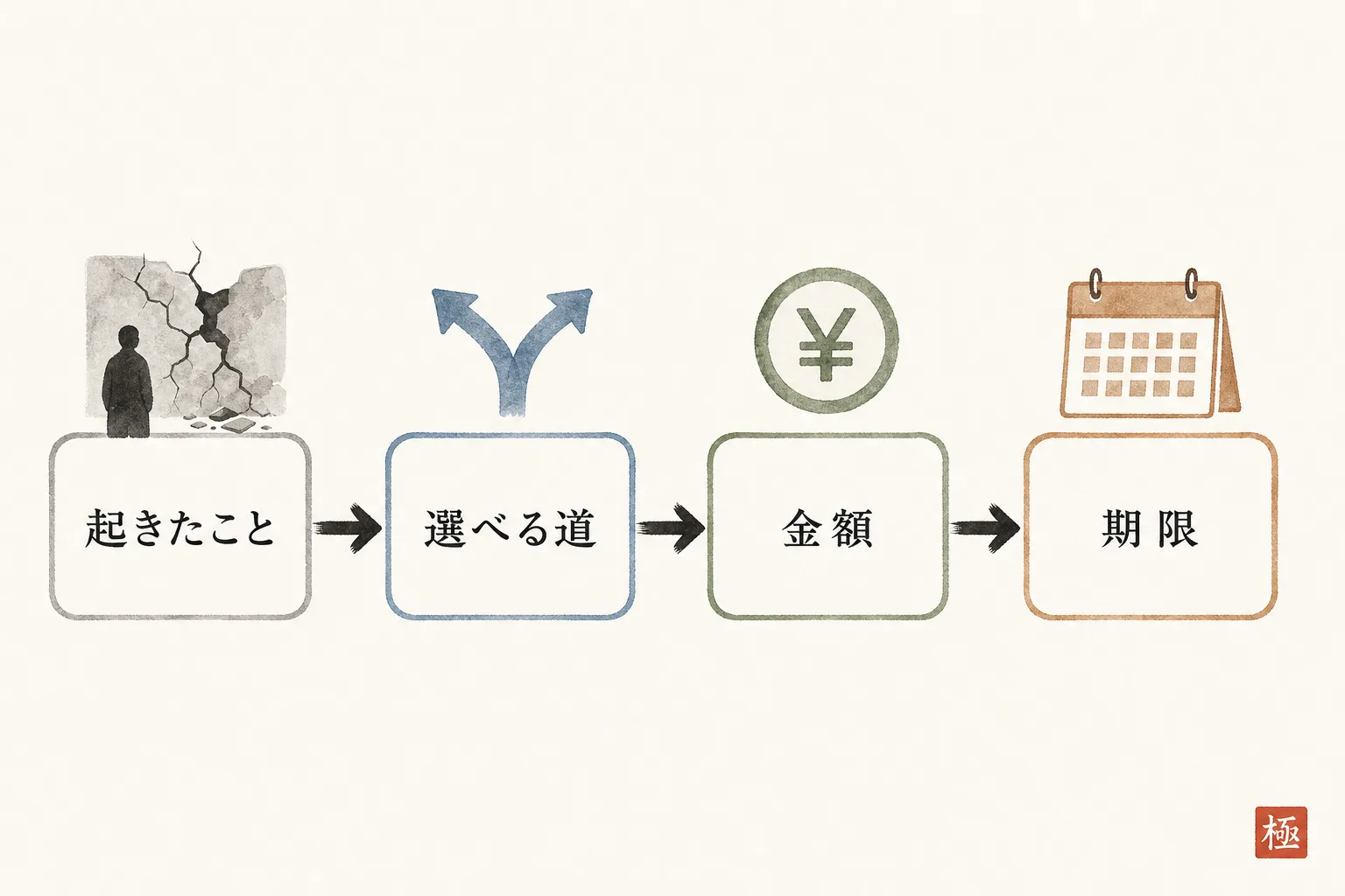 追加費用を伝える4ステップの流れ図(起きたこと→選べる道→金額→期限)