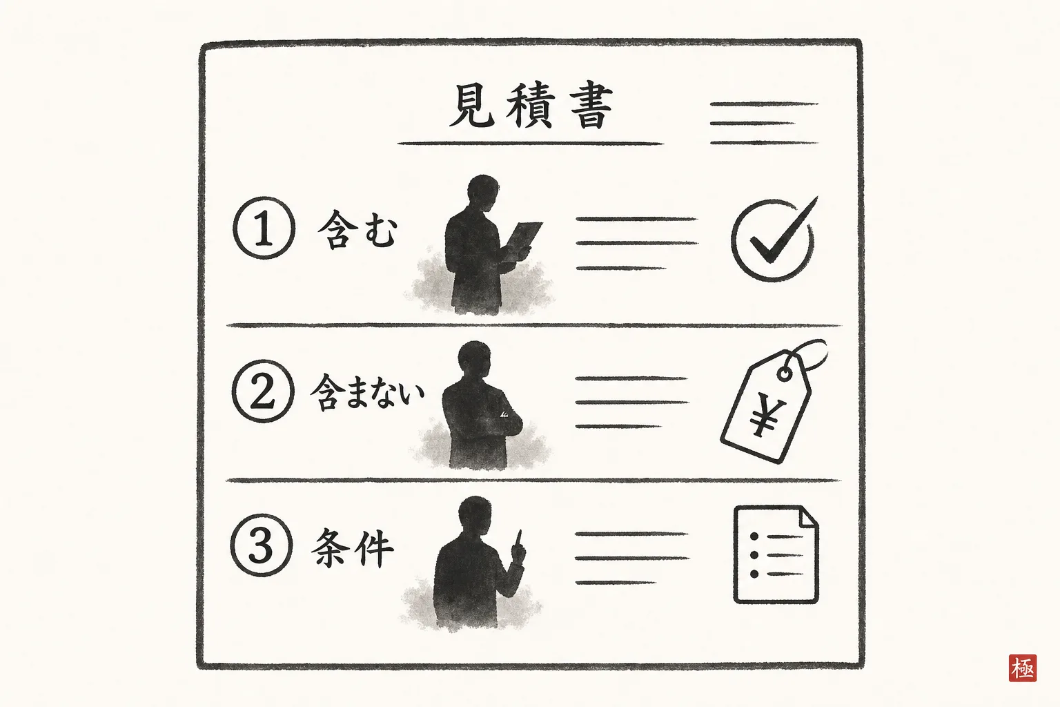 見積書に書く3項目(含む/含まない/追加条件)を示す図