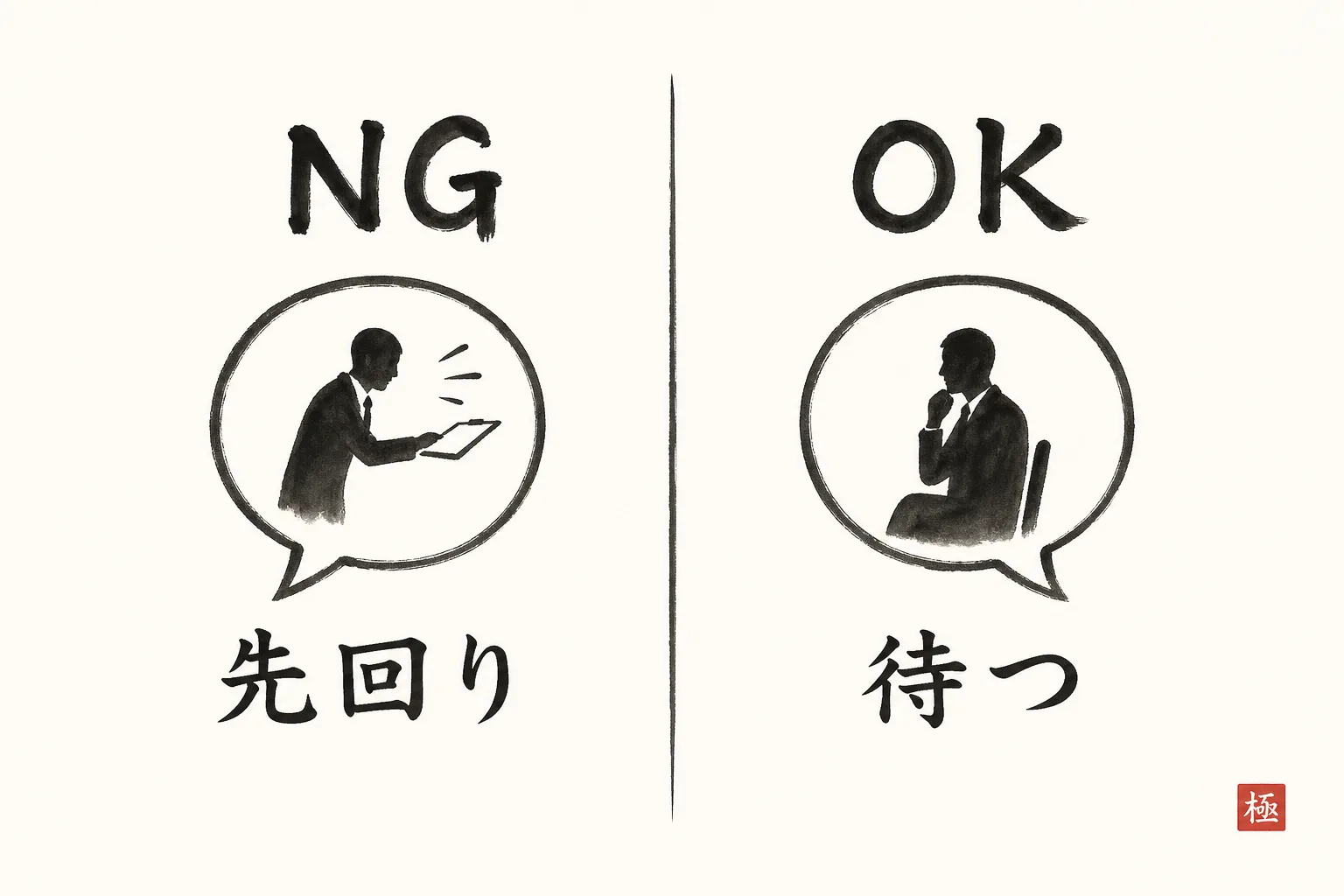 先回りで答えを渡すNG例と、待って引き出すOK例を左右比較する図