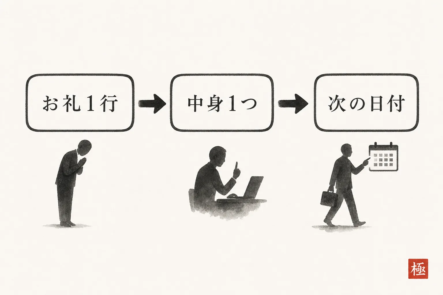 返信メールを3段構成で書く手順を示すフロー図