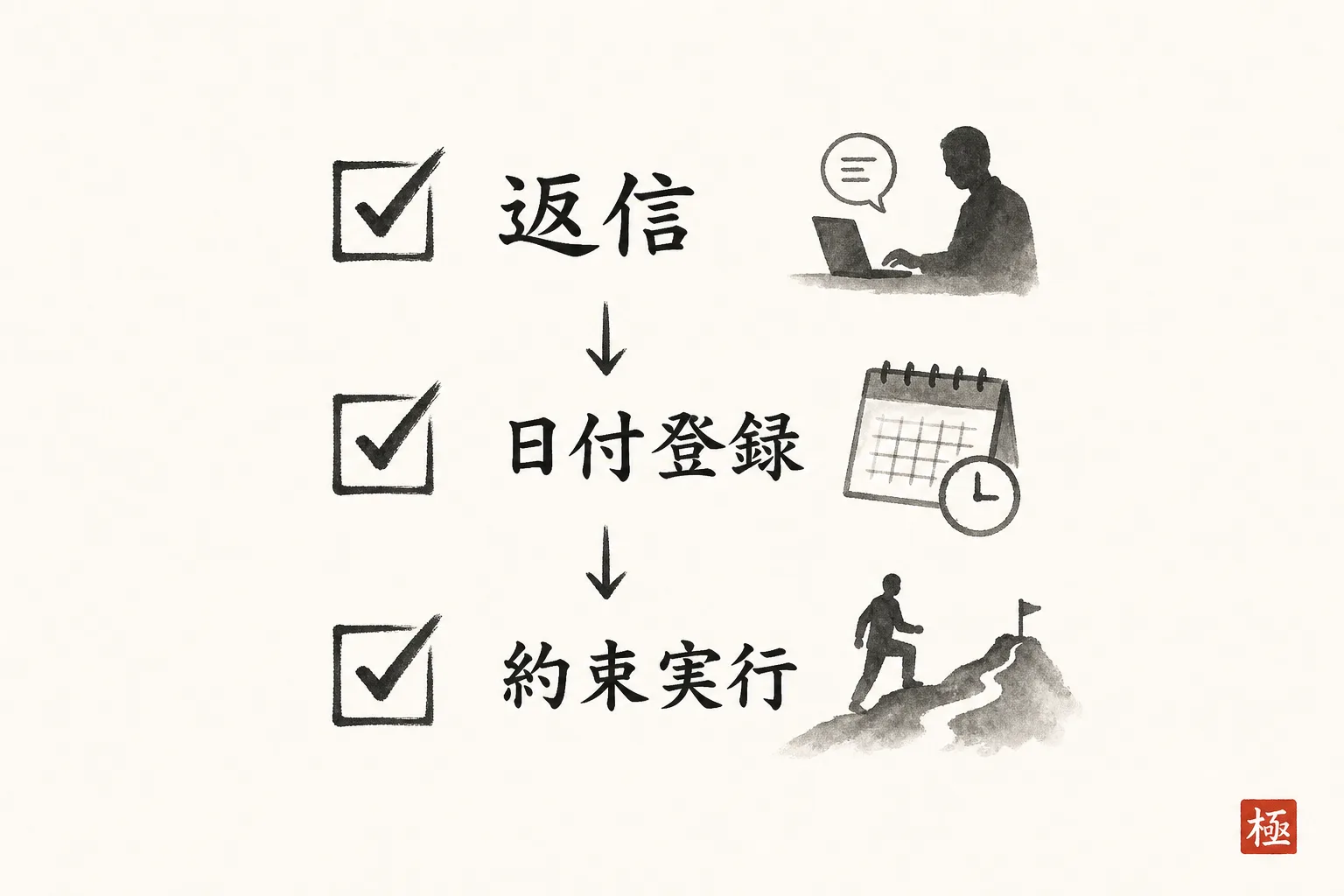 返信後にやるべき3ステップをチェック形式で示す図