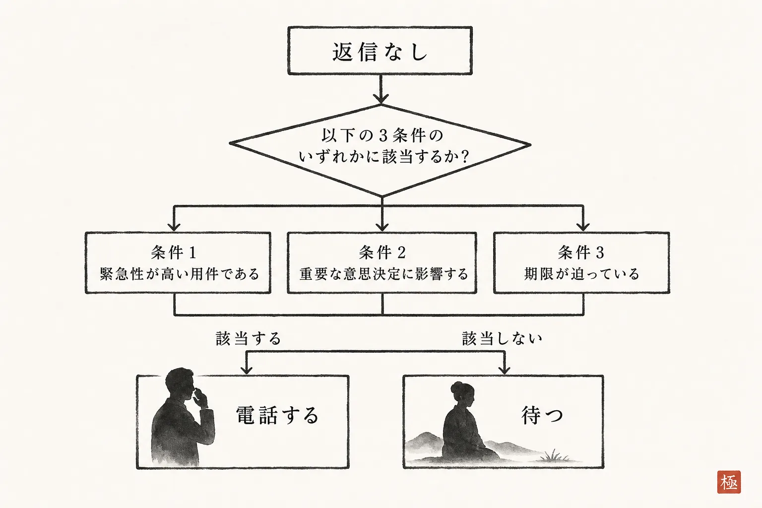 返信がない場合に電話するか待つかを判断するフロー図