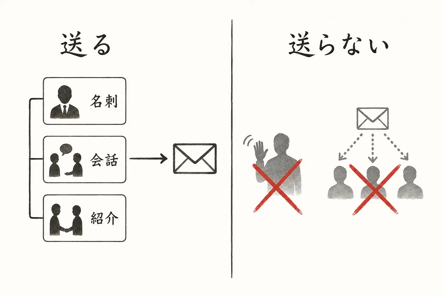 名刺交換・会話・紹介の3条件に当てはまる相手だけに送る、線引きの仕分け図