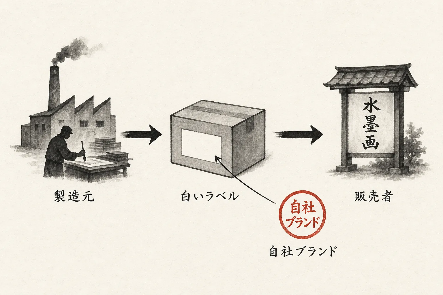 製造元の白ラベル商品に販売者が自社ロゴを付ける流れ図