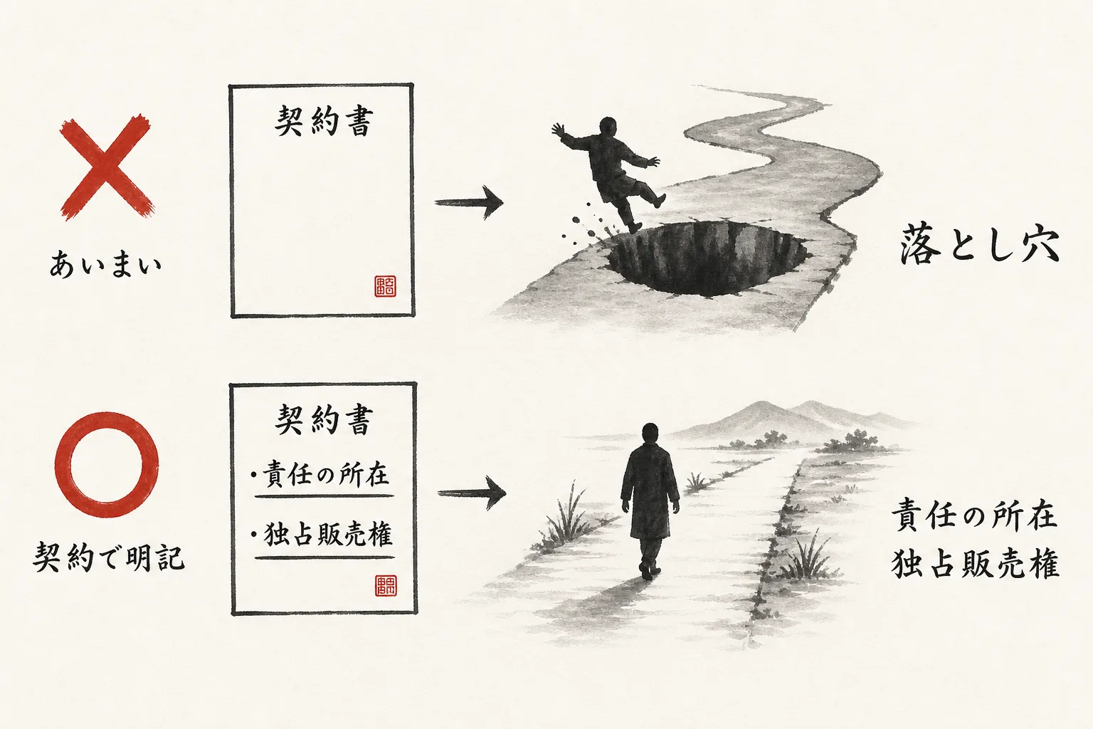 契約前に確認したい責任の所在と独占販売権の◯×図