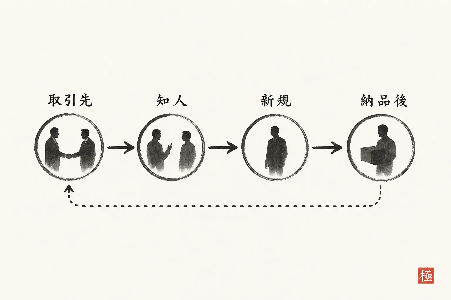 取引先→知人→新規→納品後とつながる全体ロードマップ図