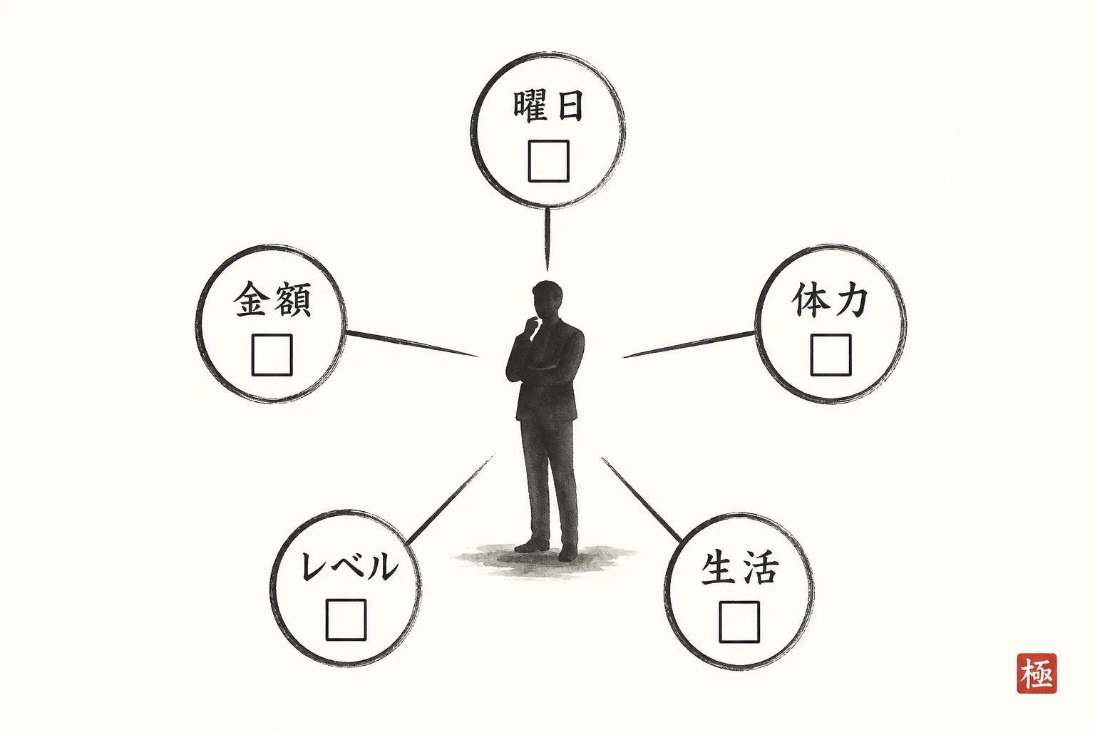通うか判断する前に決める必要がある5項目を示す構造図
