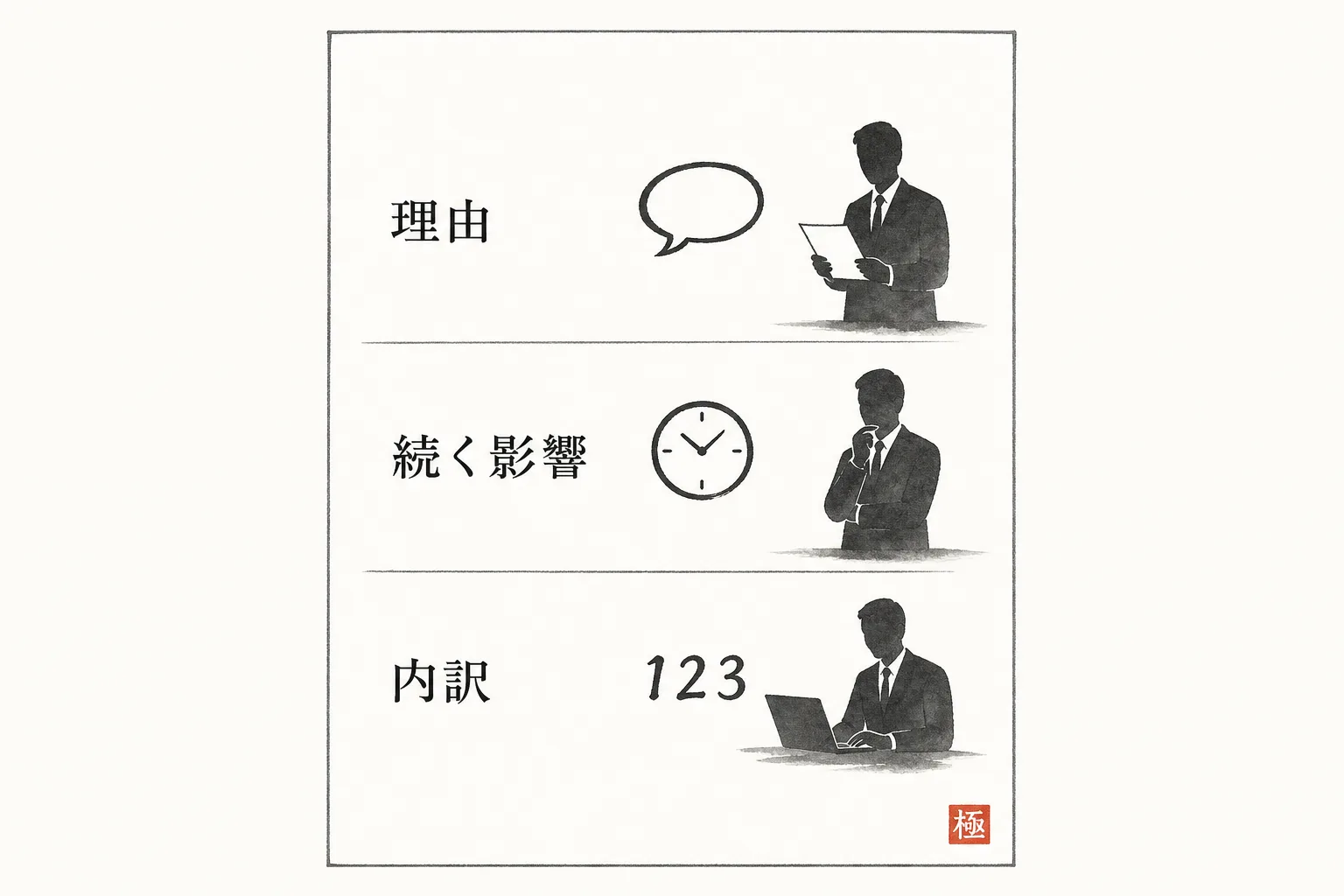 決裁者へ渡す説明資料1枚に入れる3つの要素を示すシンプルな構成図