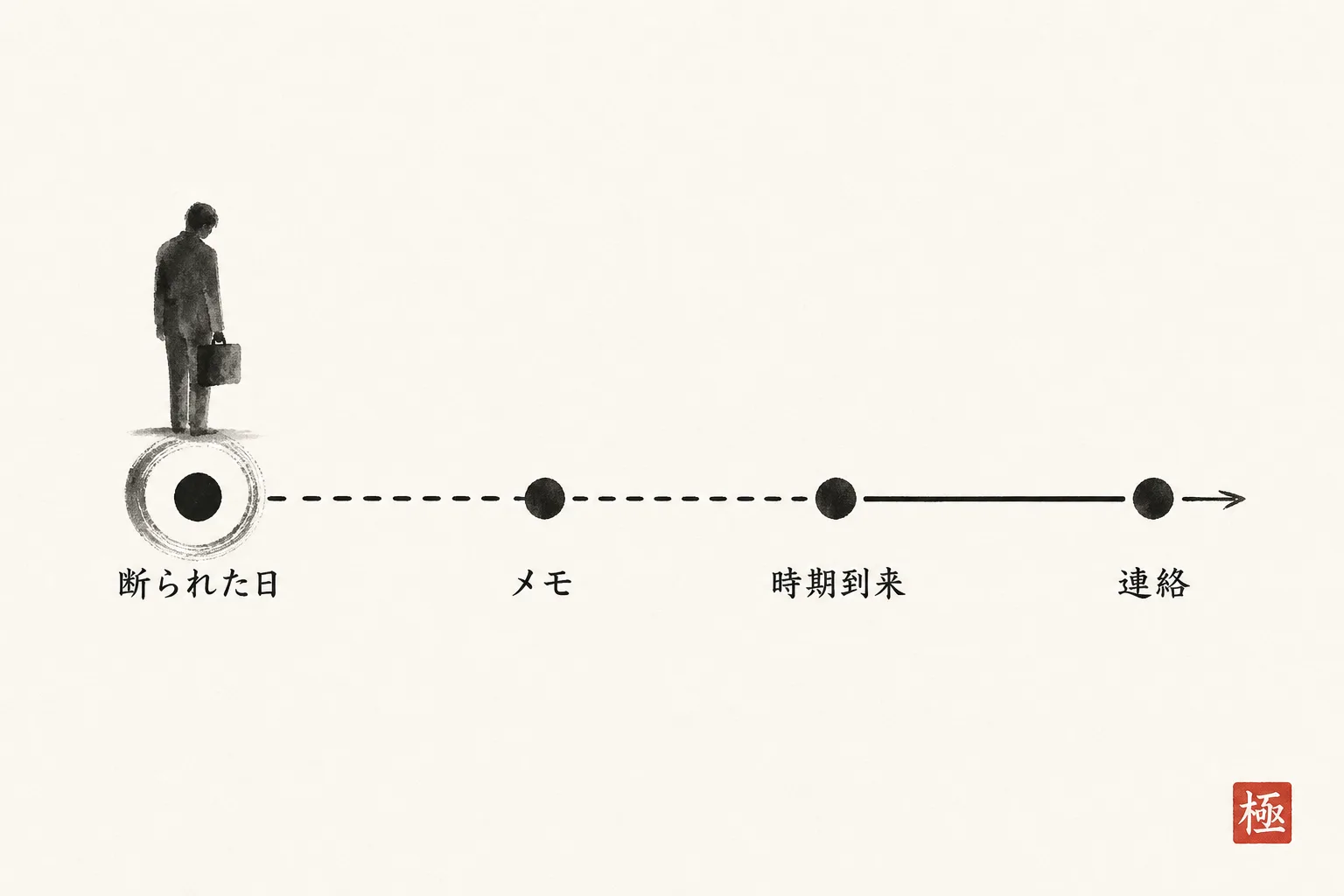 断られた当日から次回連絡までの追客の流れを示す横型タイムライン図