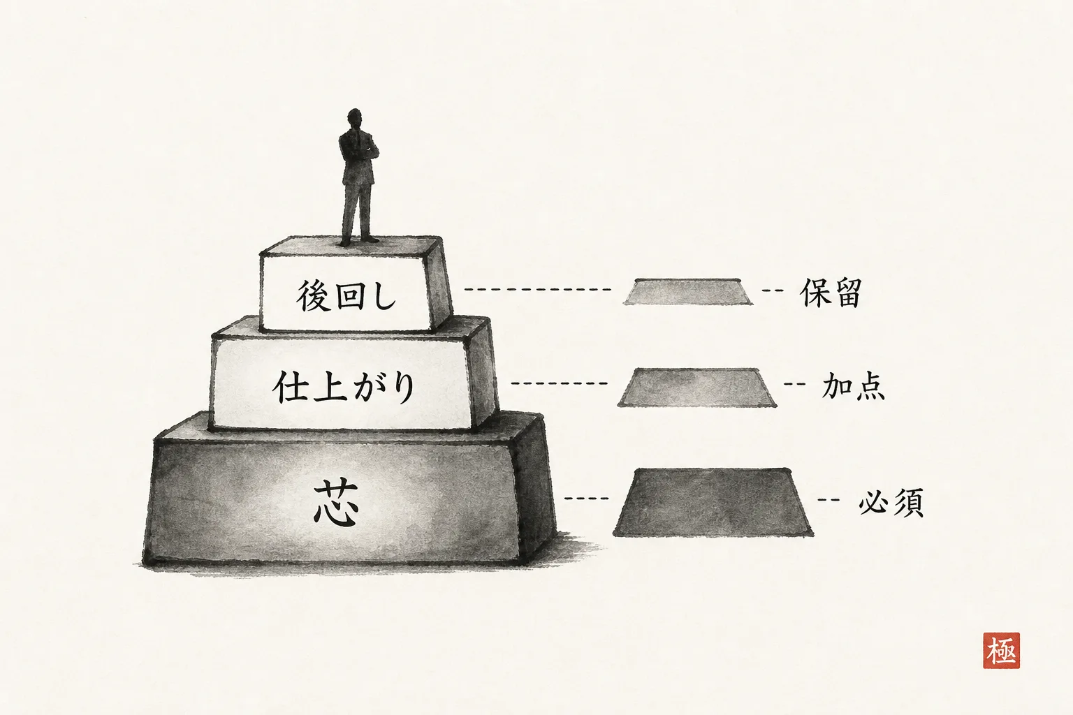 見積を芯・仕上がり・後回しの3層に分けた積み上げ構造図